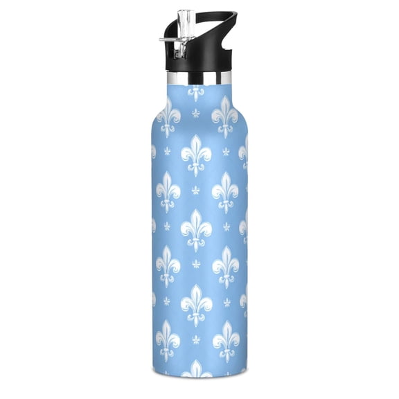 600ML Stainless Steel Insulated Cup Sports Water Bottle Portable Thermos Cup Water Glasses Insulated Tumblers Convenient and Durable Fleur De Lis Sky Blue Motif