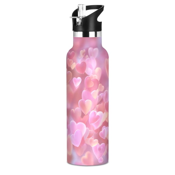 600ML Stainless Steel Insulated Cup Sports Water Bottle Portable Thermos Cup Water Glasses Insulated Tumblers Convenient and Durable Floating Pink Heart
