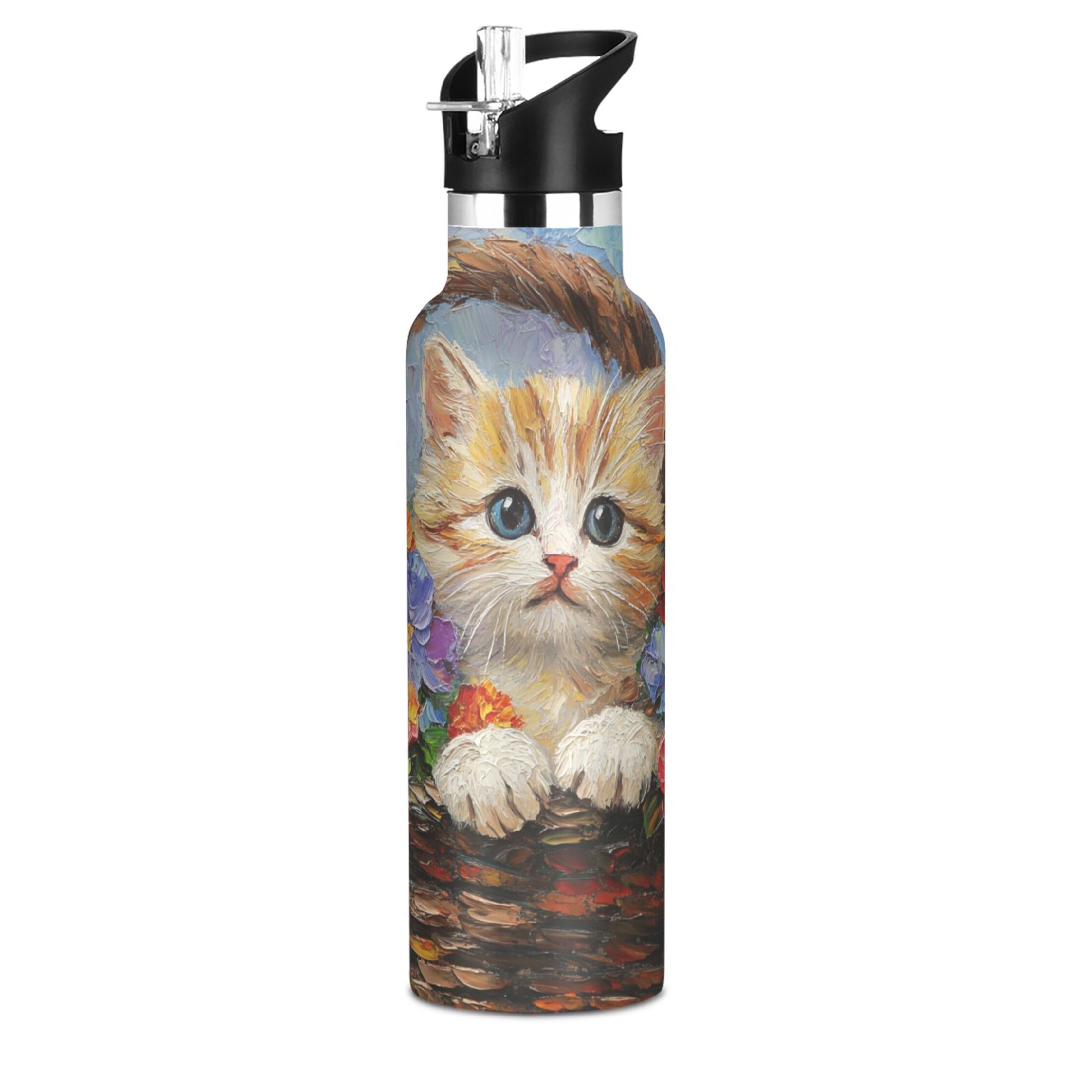 600ML Stainless Steel Insulated Cup Sports Water Bottle Portable Thermos Cup Water Glasses Insulated Tumblers Convenient and Durable Flower Basket Cat