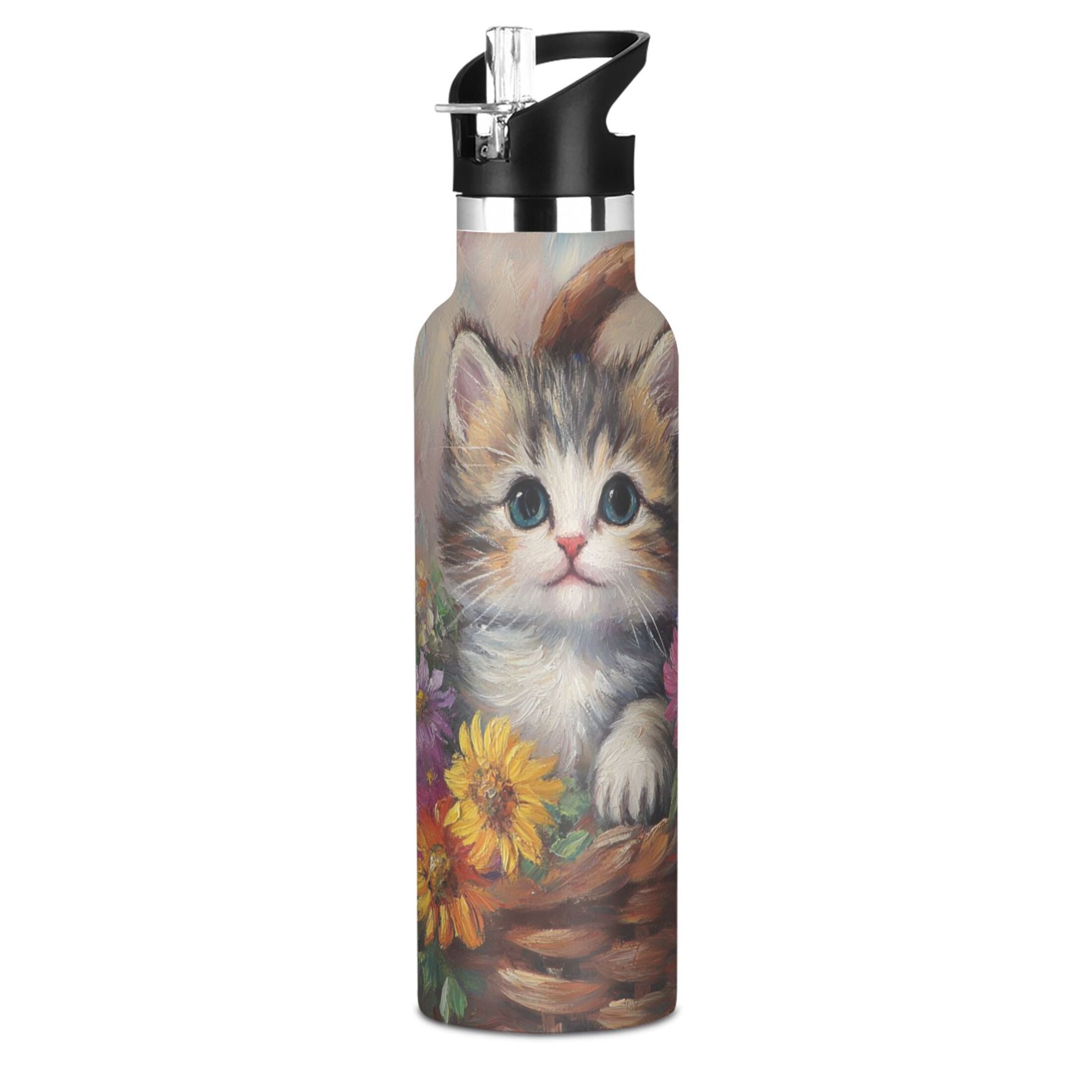600ML Stainless Steel Insulated Cup Sports Water Bottle Portable Thermos Cup Water Glasses Insulated Tumblers Convenient and Durable Flower Basket Kitten
