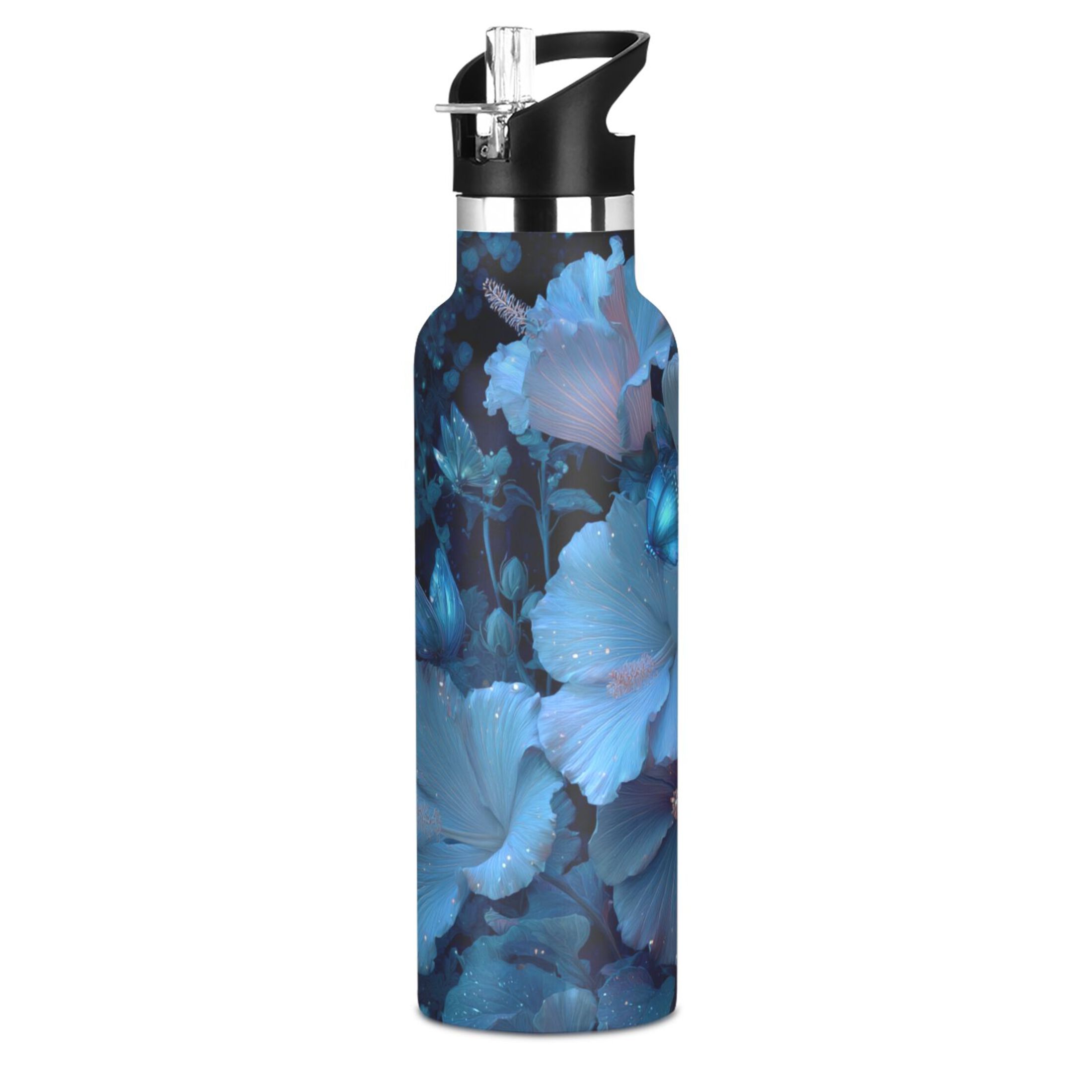 600ML Stainless Steel Insulated Cup Sports Water Bottle Portable Thermos Cup Water Glasses Insulated Tumblers Convenient and Durable Flowers and Butterflies