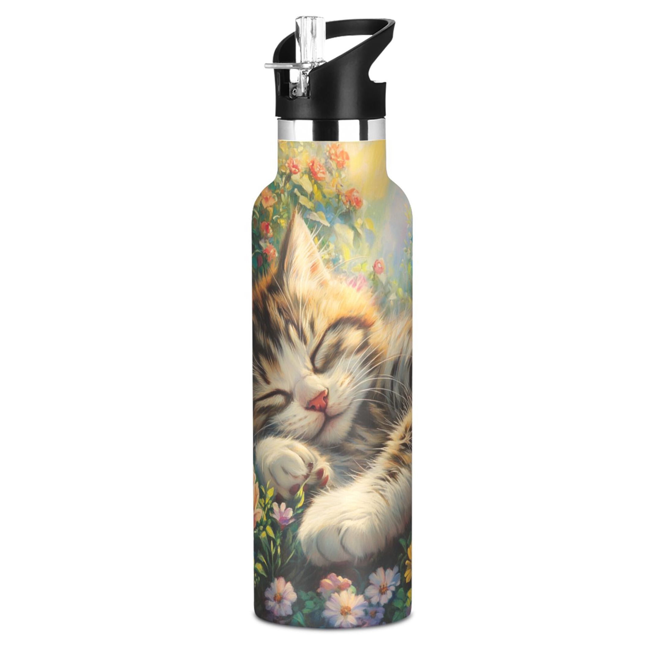 600ML Stainless Steel Insulated Cup Sports Water Bottle Portable Thermos Cup Water Glasses Insulated Tumblers Convenient and Durable Flowers and Lovely Cat