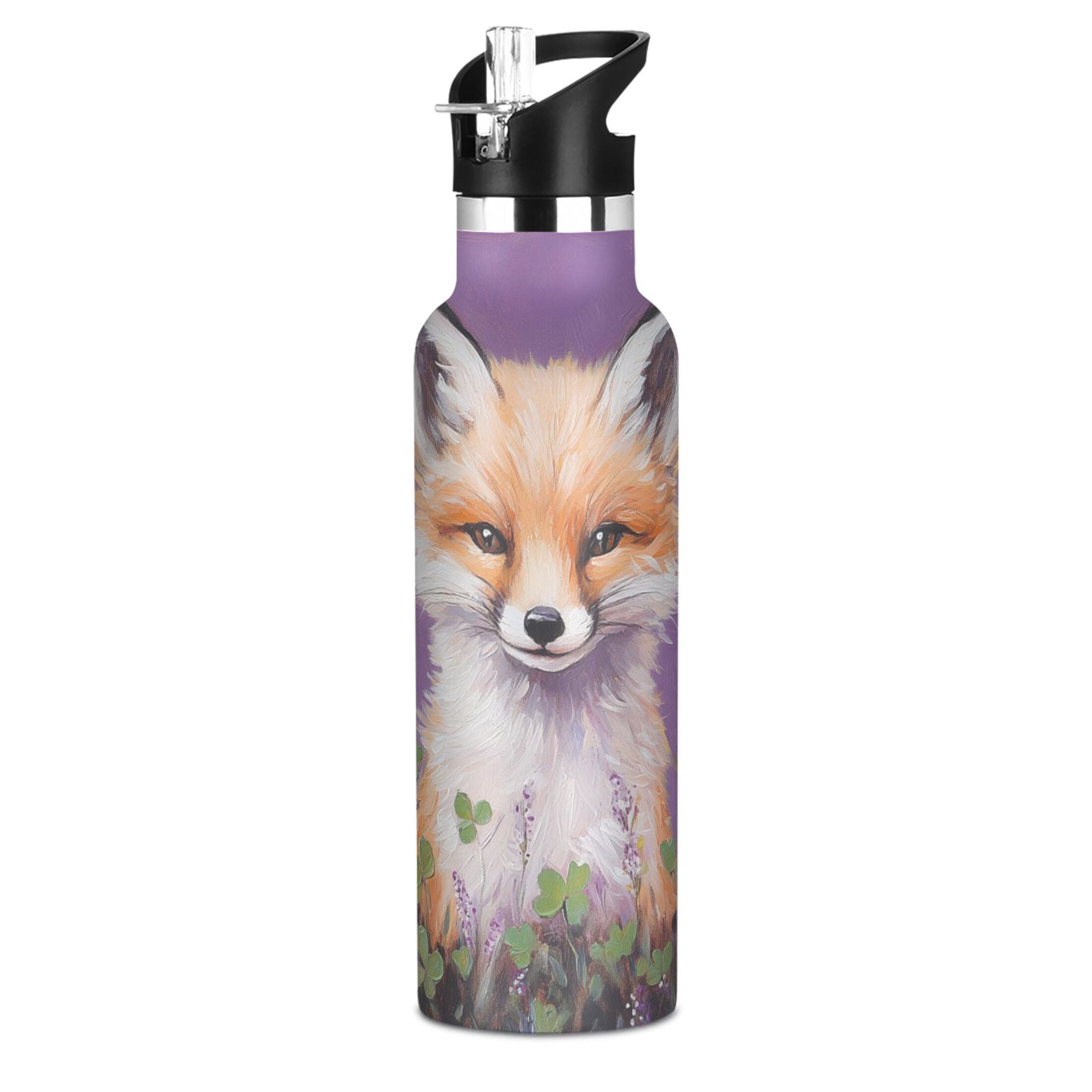 600ML Stainless Steel Insulated Cup Sports Water Bottle Portable Thermos Cup Water Glasses Insulated Tumblers Convenient and Durable Four-leaf Clover Fox