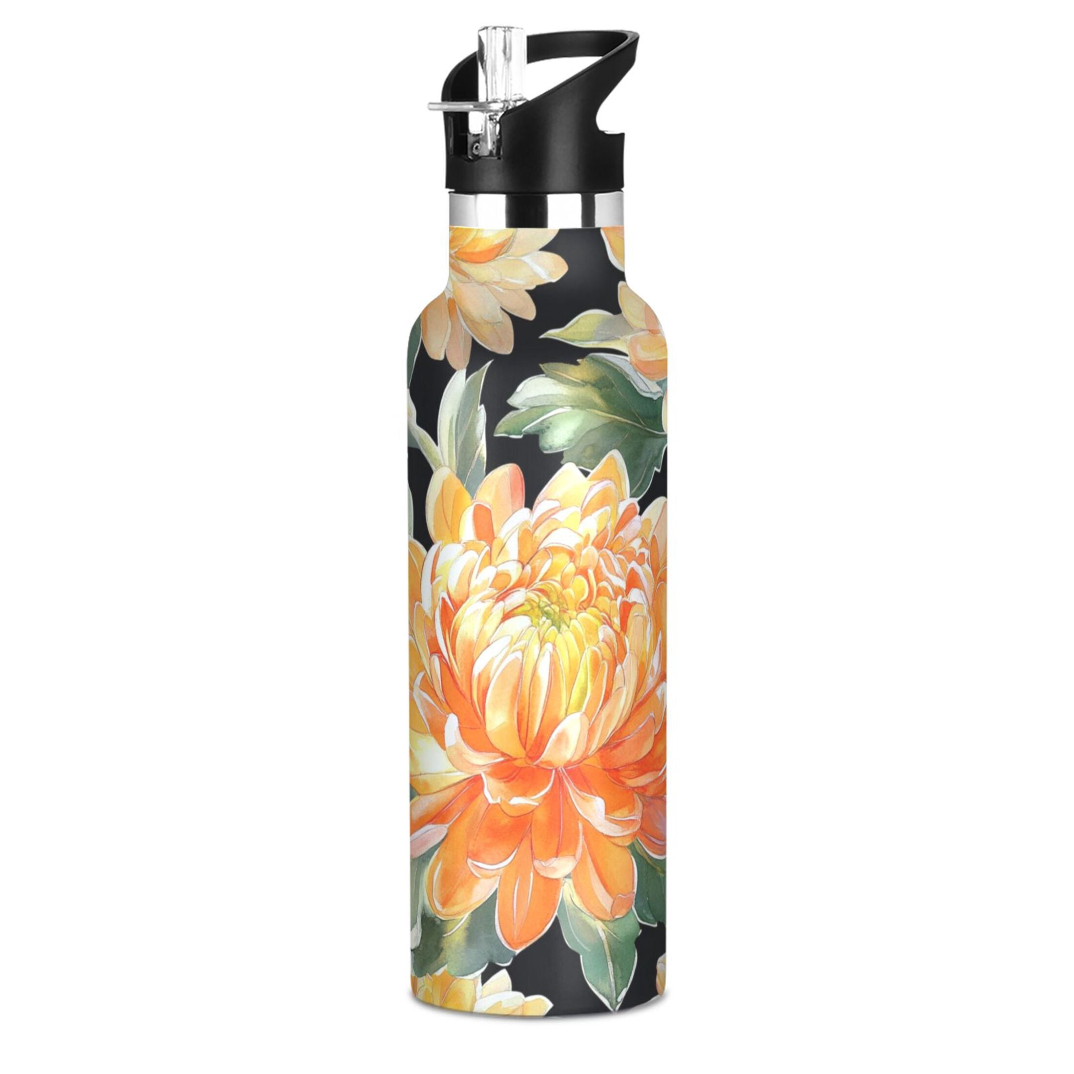 600ML Stainless Steel Insulated Cup Sports Water Bottle Portable Thermos Cup Water Glasses Insulated Tumblers Convenient and Durable Gold Chrysanthemums