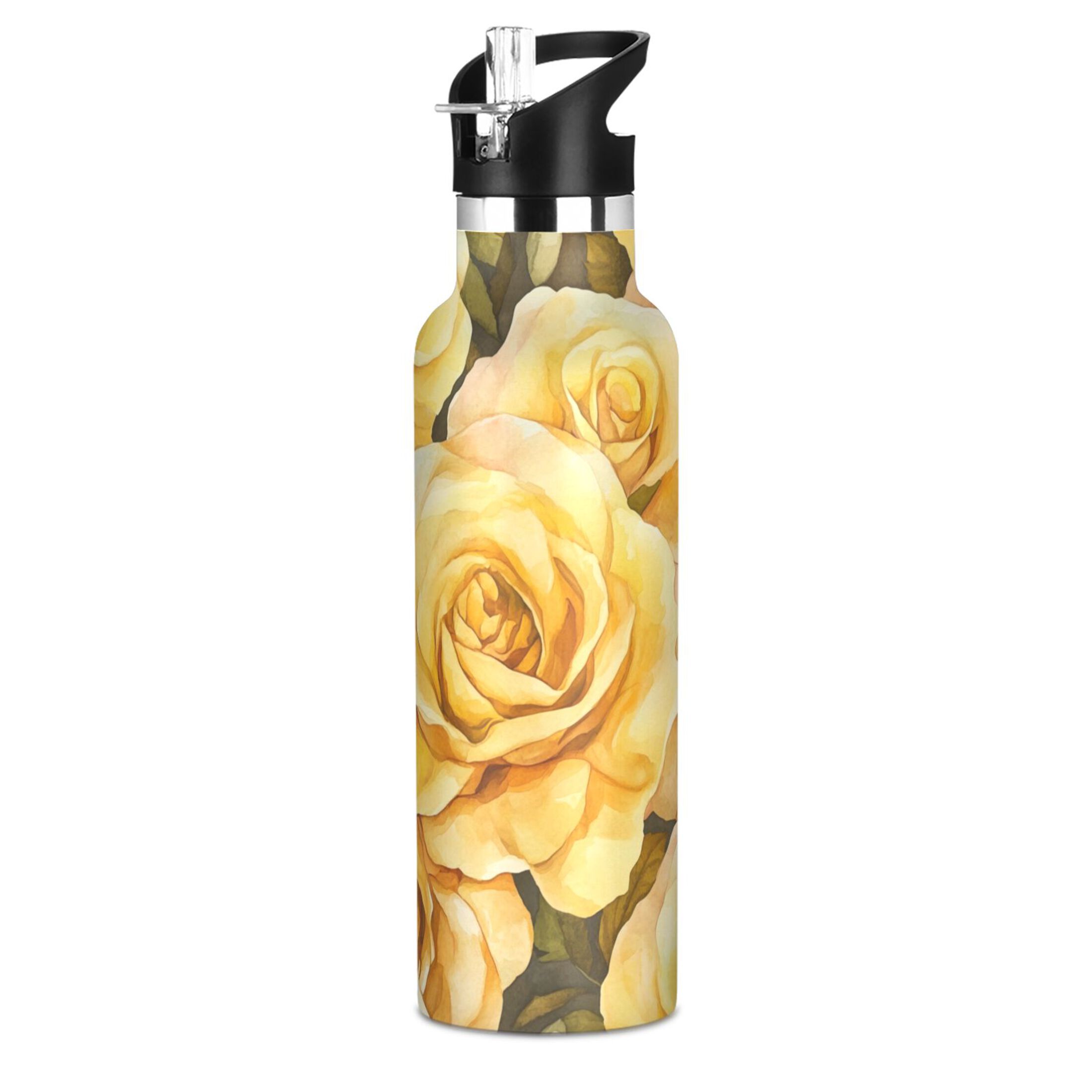 600ML Stainless Steel Insulated Cup Sports Water Bottle Portable Thermos Cup Water Glasses Insulated Tumblers Convenient and Durable Gold Roses Seamless