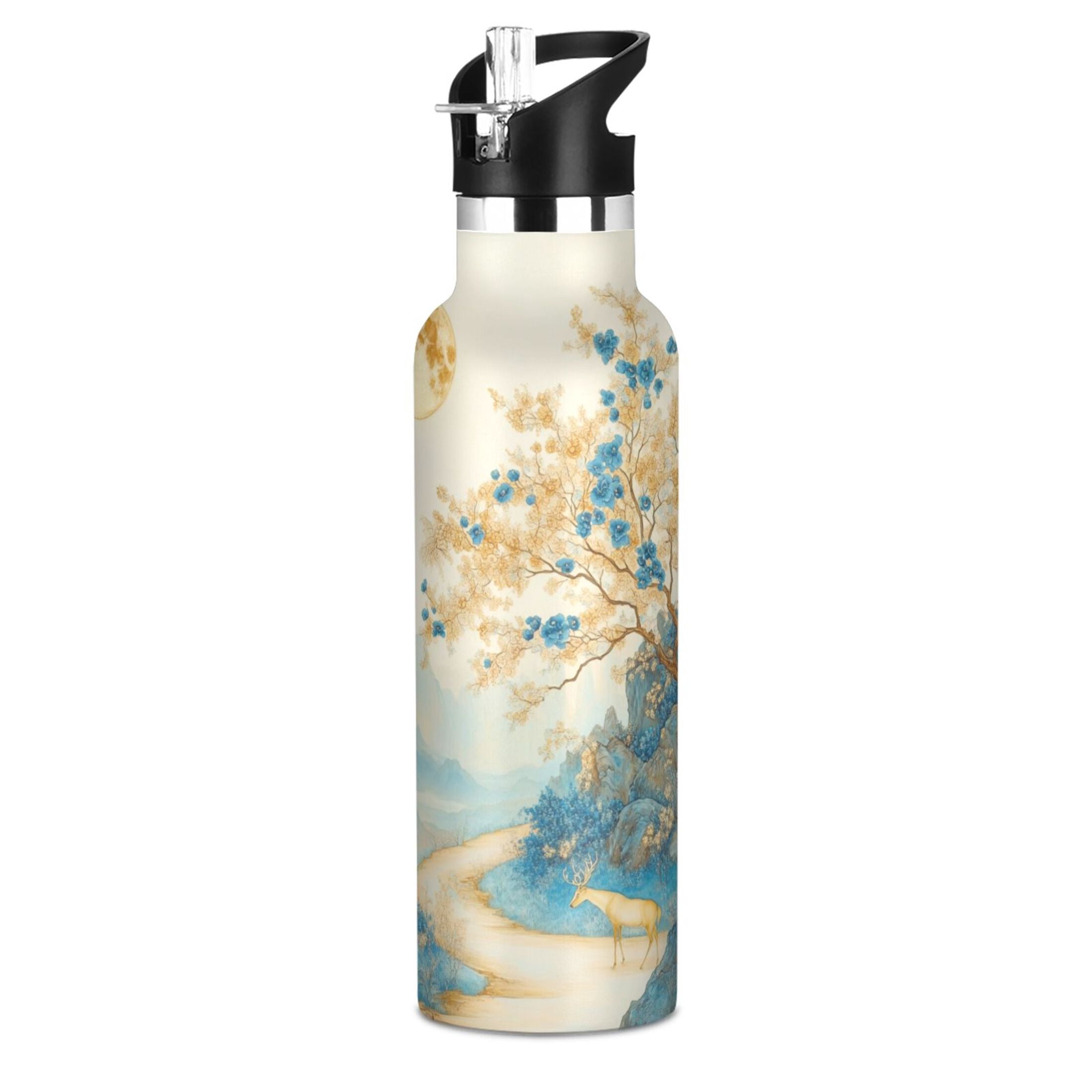 600ML Stainless Steel Insulated Cup Sports Water Bottle Portable Thermos Cup Water Glasses Insulated Tumblers Convenient and Durable Golden Classical Deer