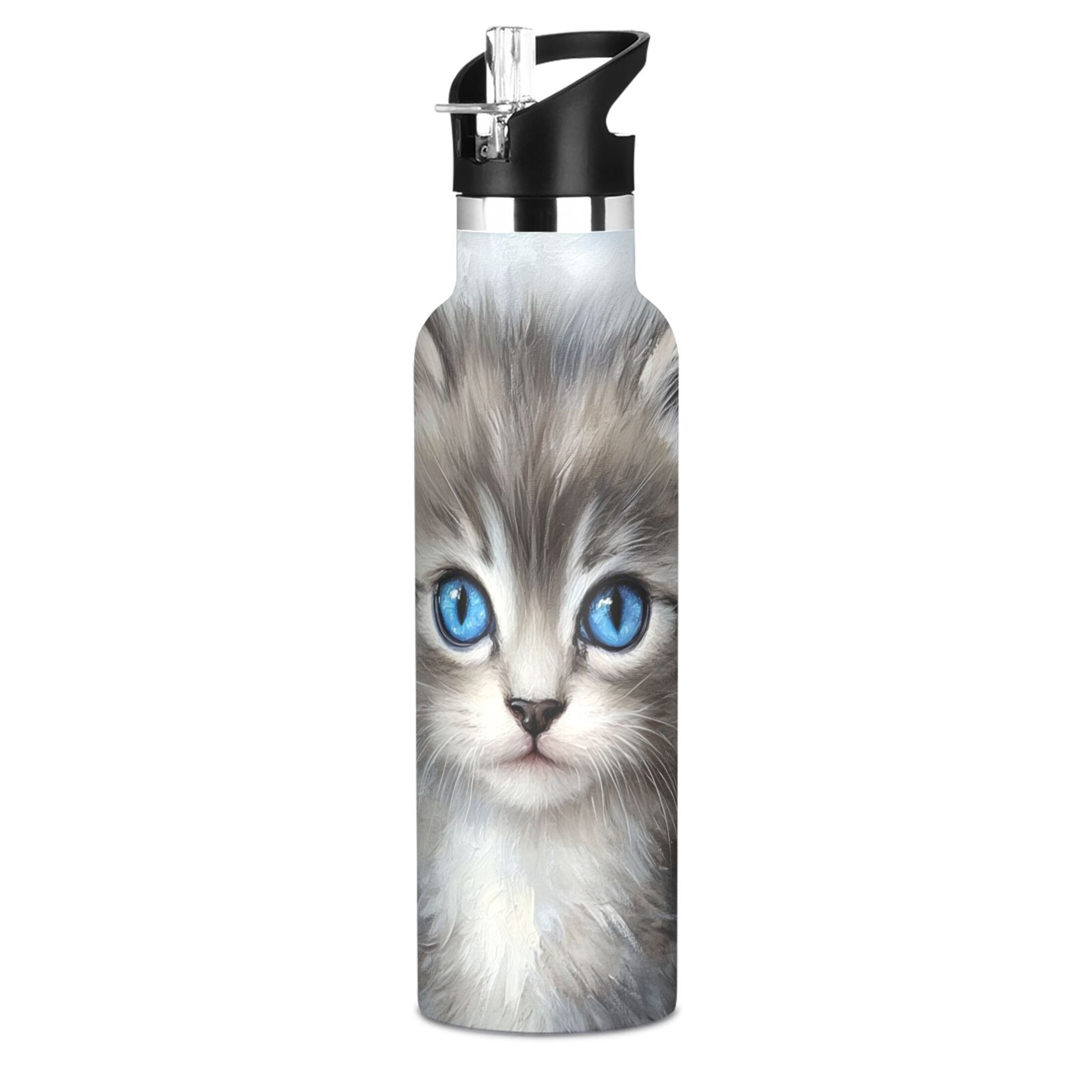 600ML Stainless Steel Insulated Cup Sports Water Bottle Portable Thermos Cup Water Glasses Insulated Tumblers Convenient and Durable Grayish-black Cat