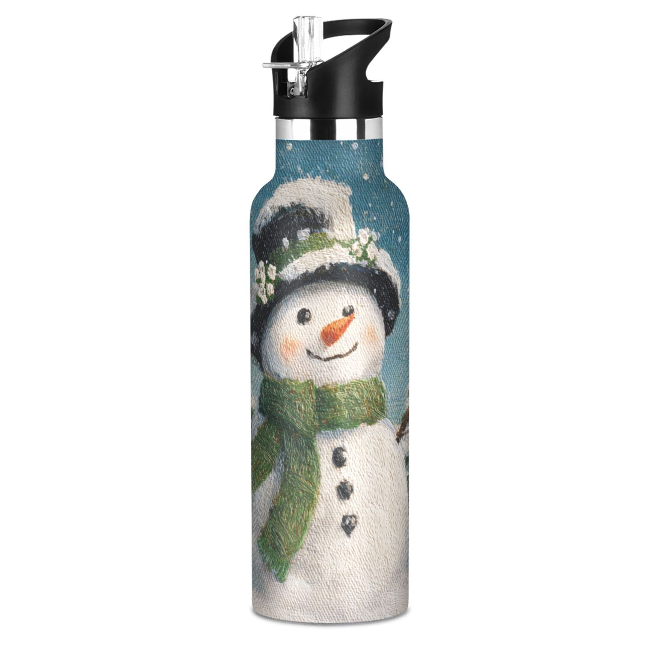 600ML Stainless Steel Insulated Cup Sports Water Bottle Portable Thermos Cup Water Glasses Insulated Tumblers Convenient and Durable Green Cartoon Christmas Snowman