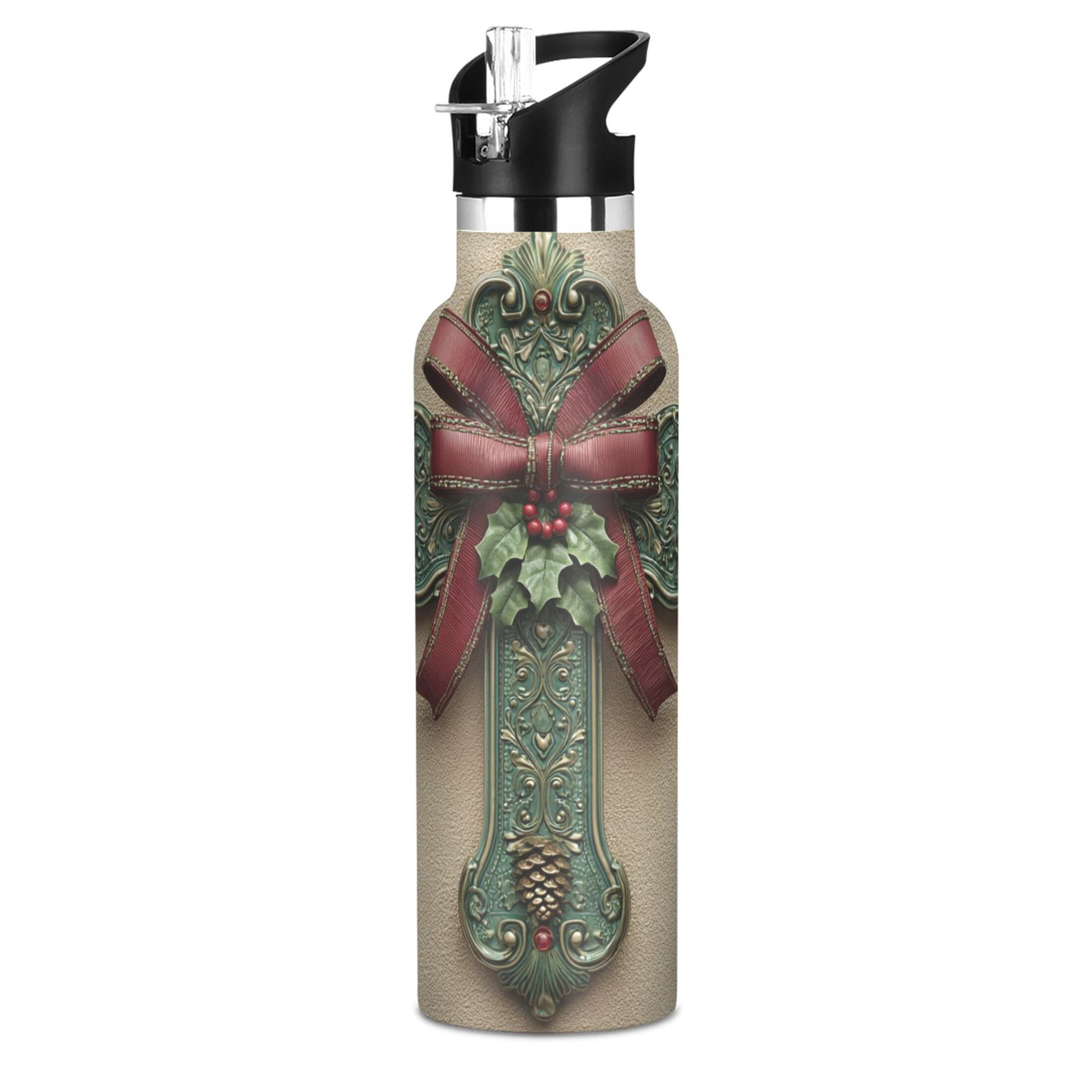 600ML Stainless Steel Insulated Cup Sports Water Bottle Portable Thermos Cup Water Glasses Insulated Tumblers Convenient and Durable Green Christmas Cross