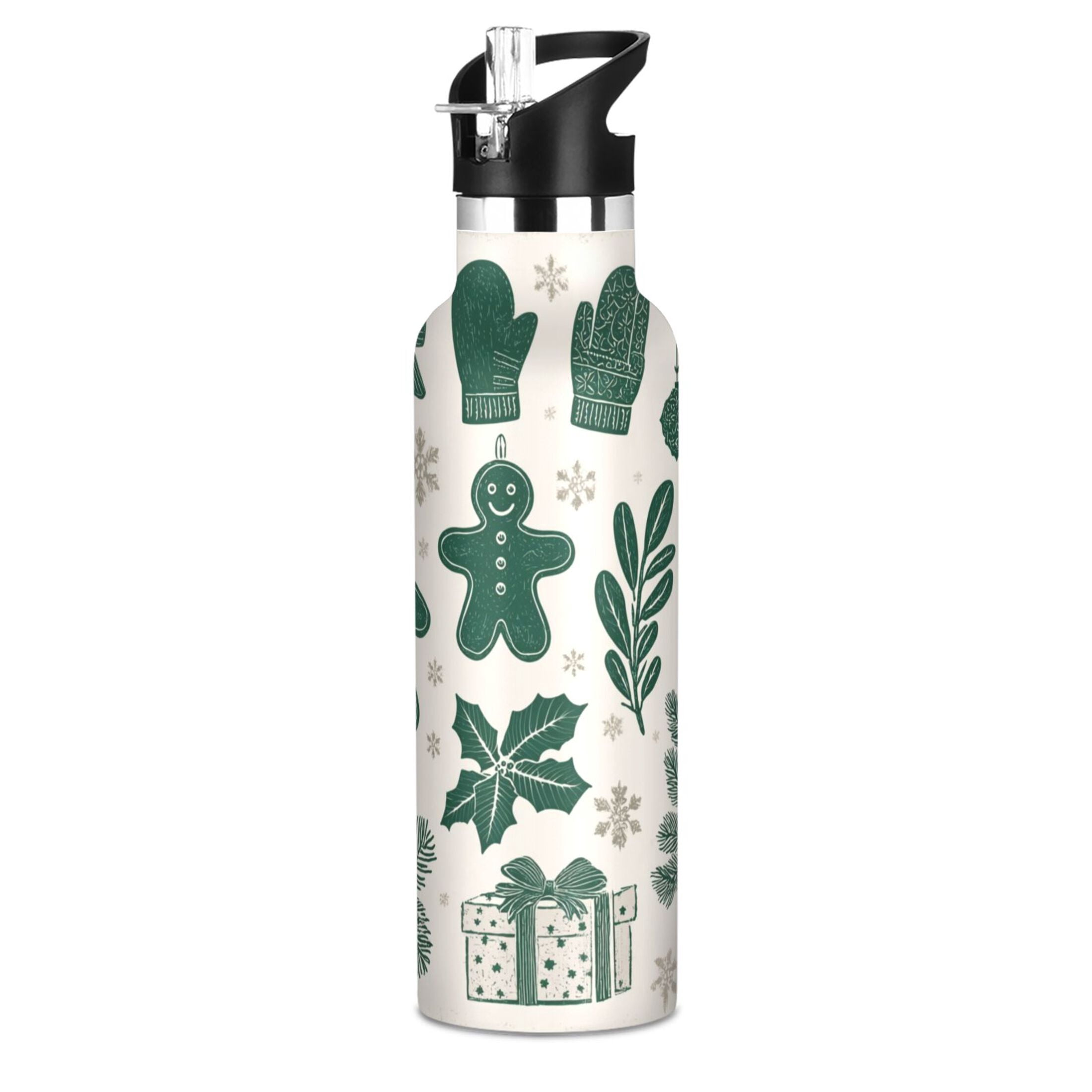600ML Stainless Steel Insulated Cup Sports Water Bottle Portable Thermos Cup Water Glasses Insulated Tumblers Convenient and Durable Green Gingerbread Man