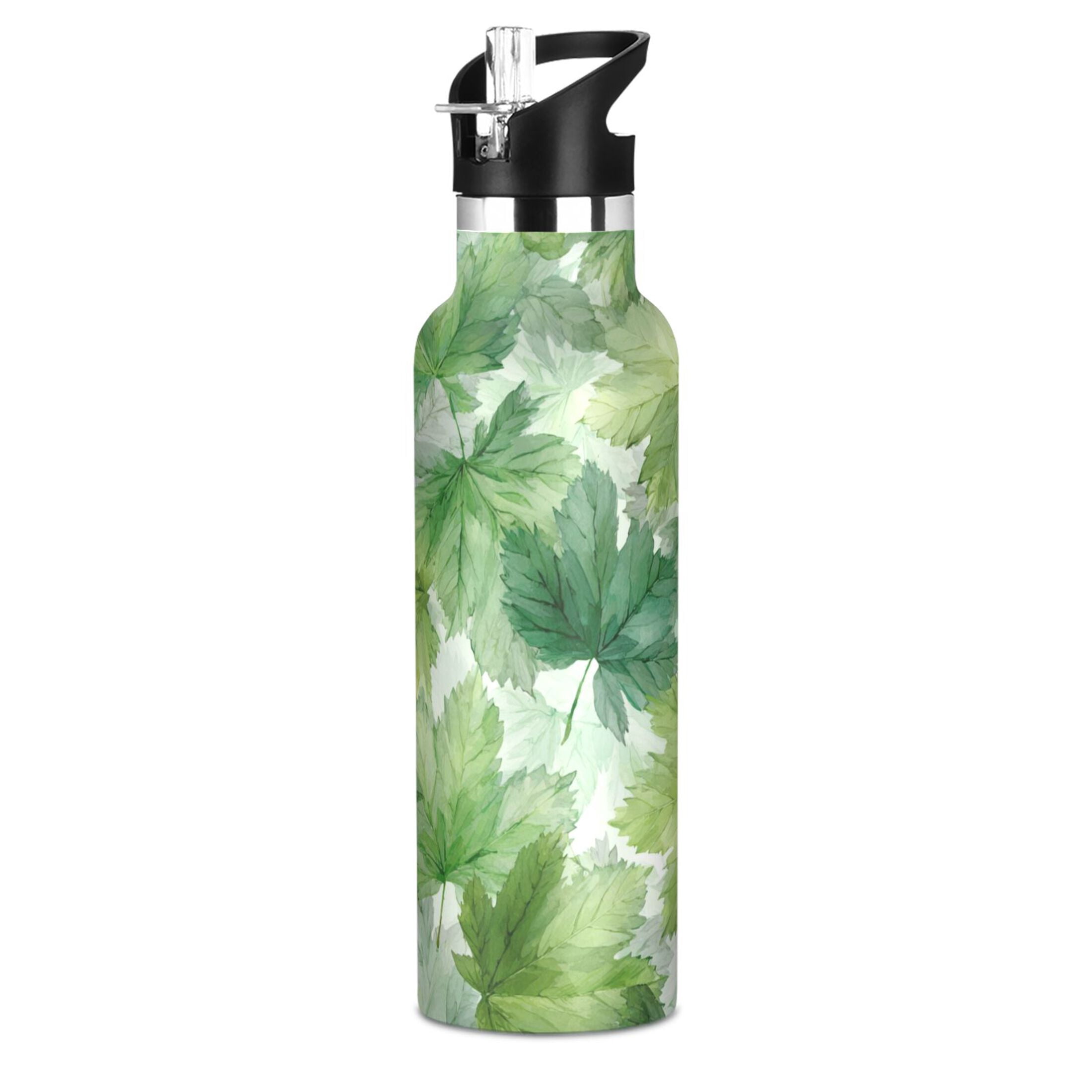 600ML Stainless Steel Insulated Cup Sports Water Bottle Portable Thermos Cup Water Glasses Insulated Tumblers Convenient and Durable Green Maple Leaves