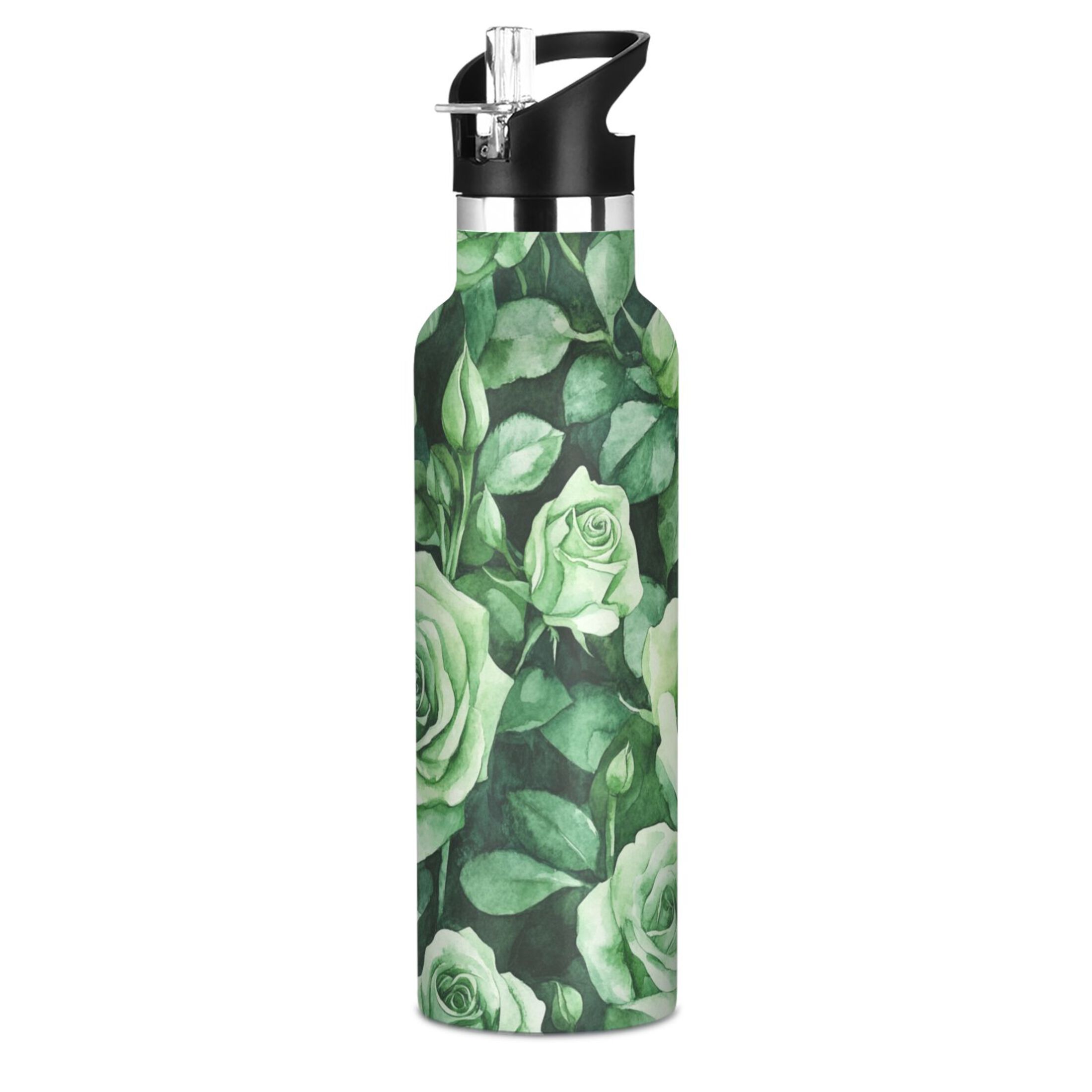 600ML Stainless Steel Insulated Cup Sports Water Bottle Portable Thermos Cup Water Glasses Insulated Tumblers Convenient and Durable Green Roses Seamless
