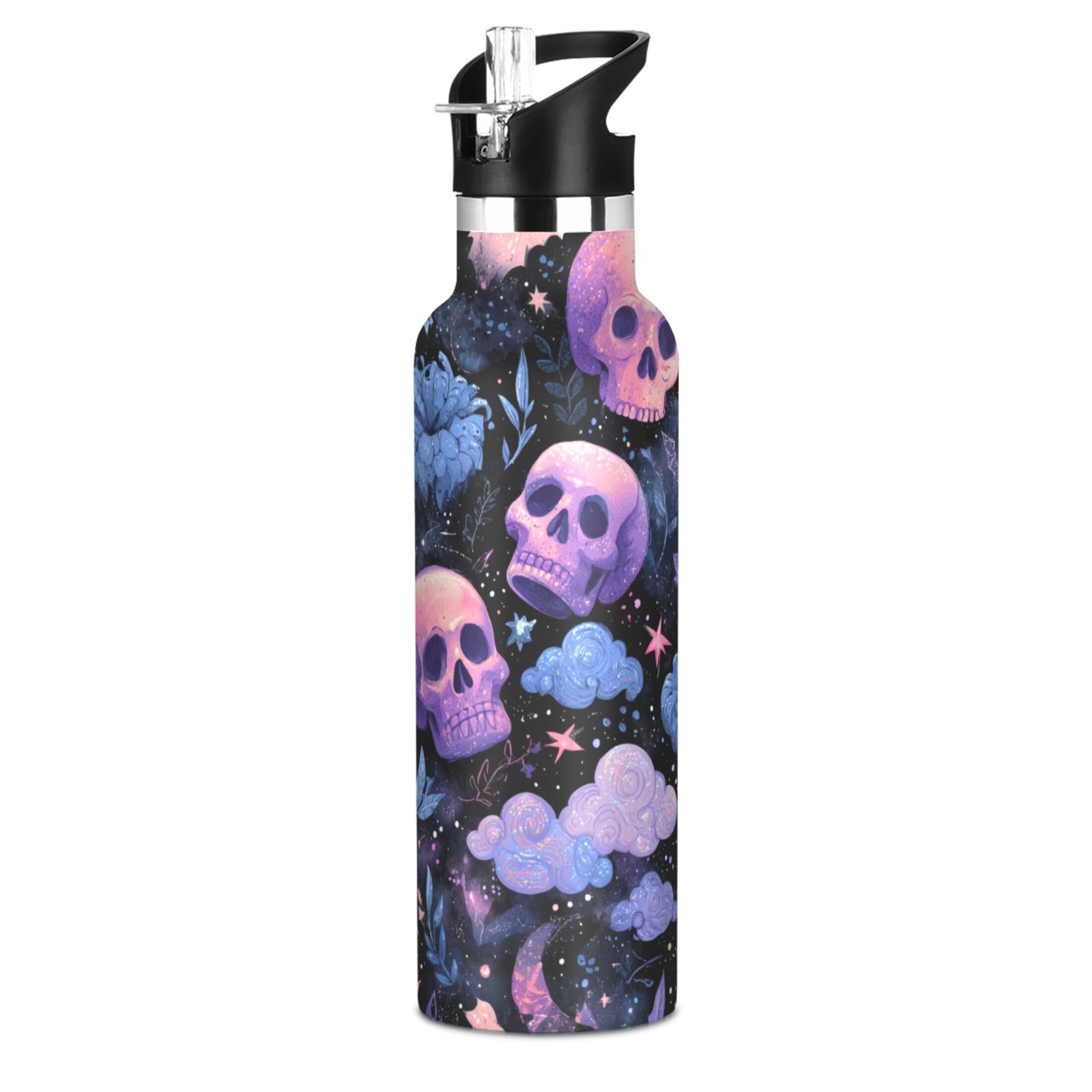 600ML Stainless Steel Insulated Cup Sports Water Bottle Portable Thermos Cup Water Glasses Insulated Tumblers Convenient and Durable Halloween Pink Skull