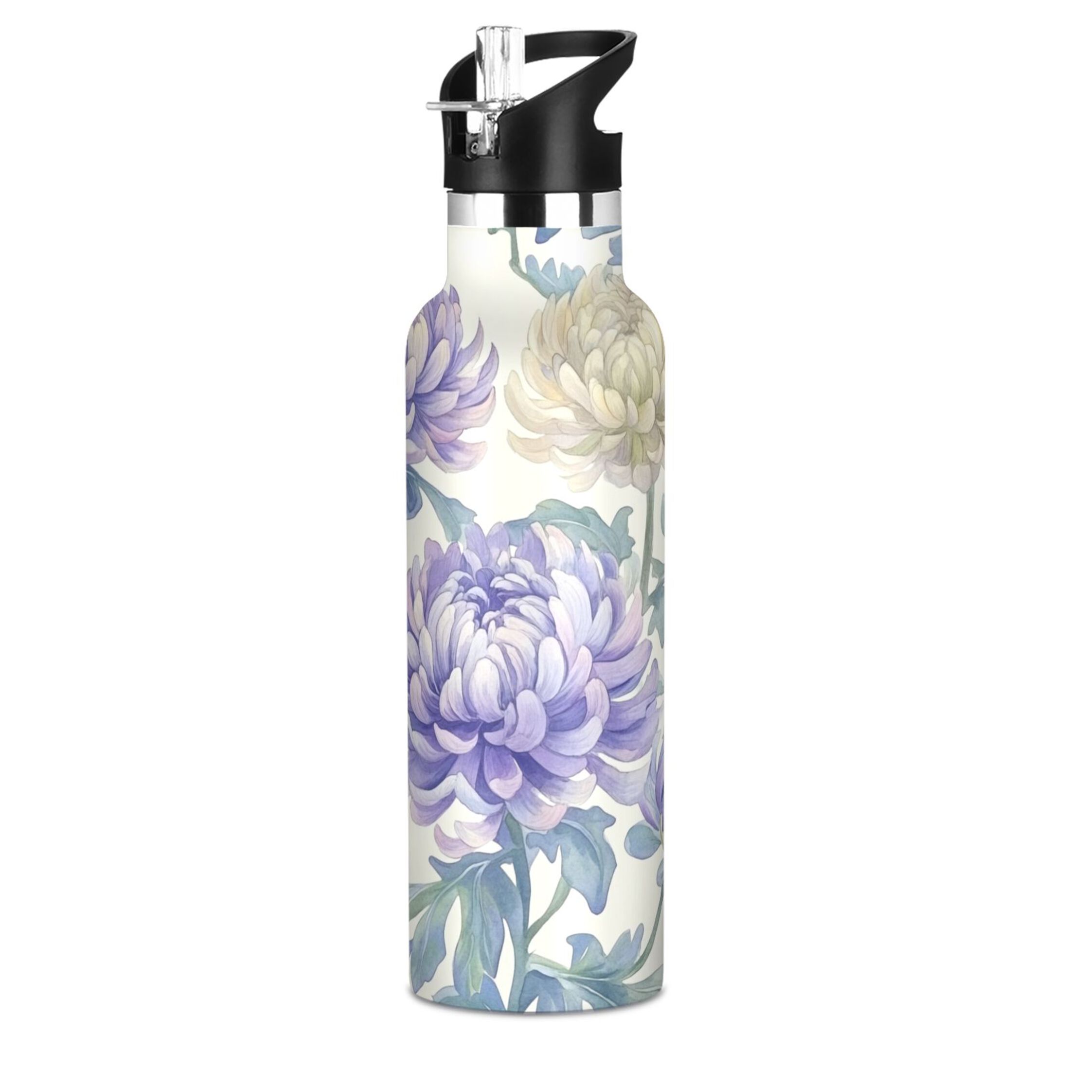 600ML Stainless Steel Insulated Cup Sports Water Bottle Portable Thermos Cup Water Glasses Insulated Tumblers Convenient and Durable Lavender Chrysanthemums