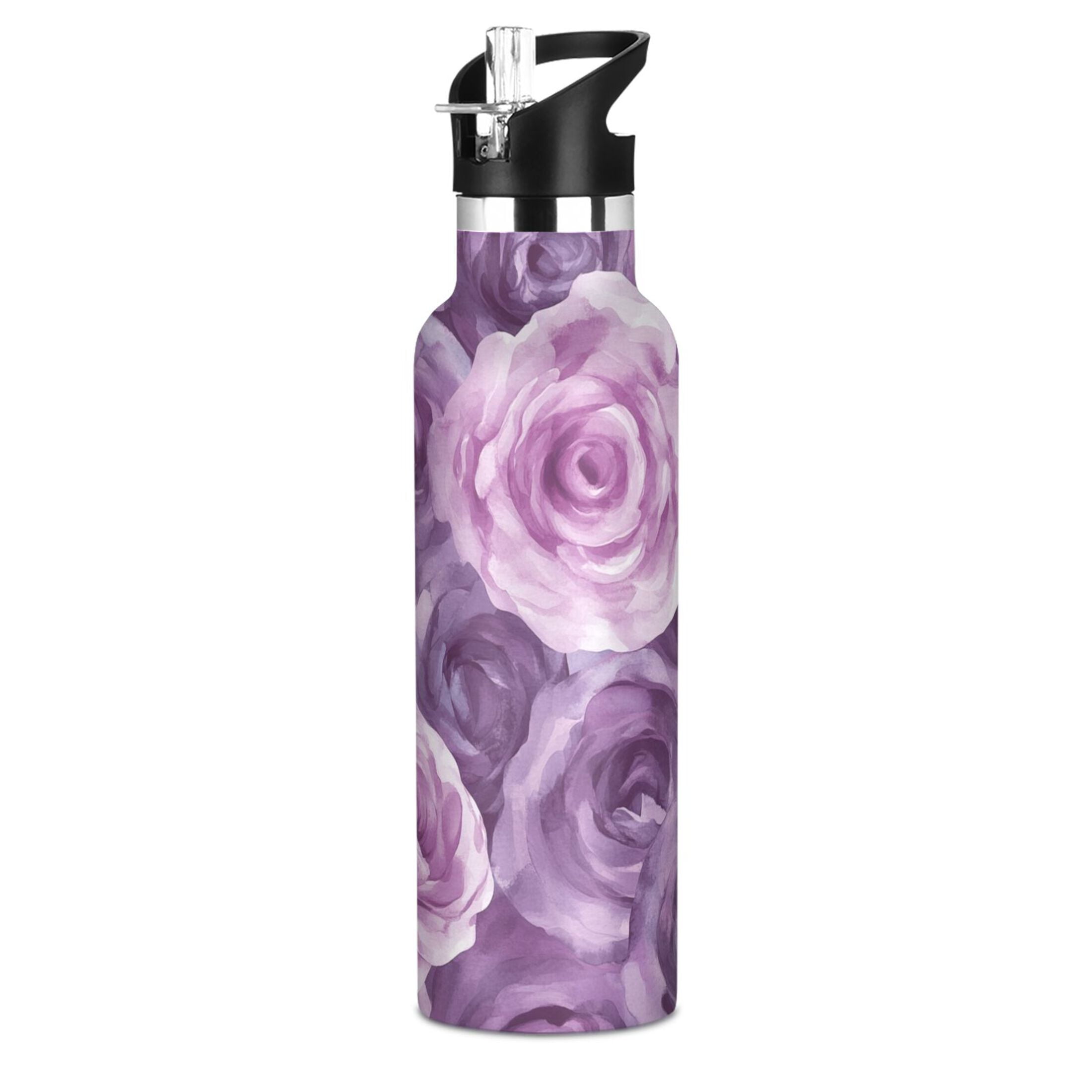 600ML Stainless Steel Insulated Cup Sports Water Bottle Portable Thermos Cup Water Glasses Insulated Tumblers Convenient and Durable Lavender Roses Seamless