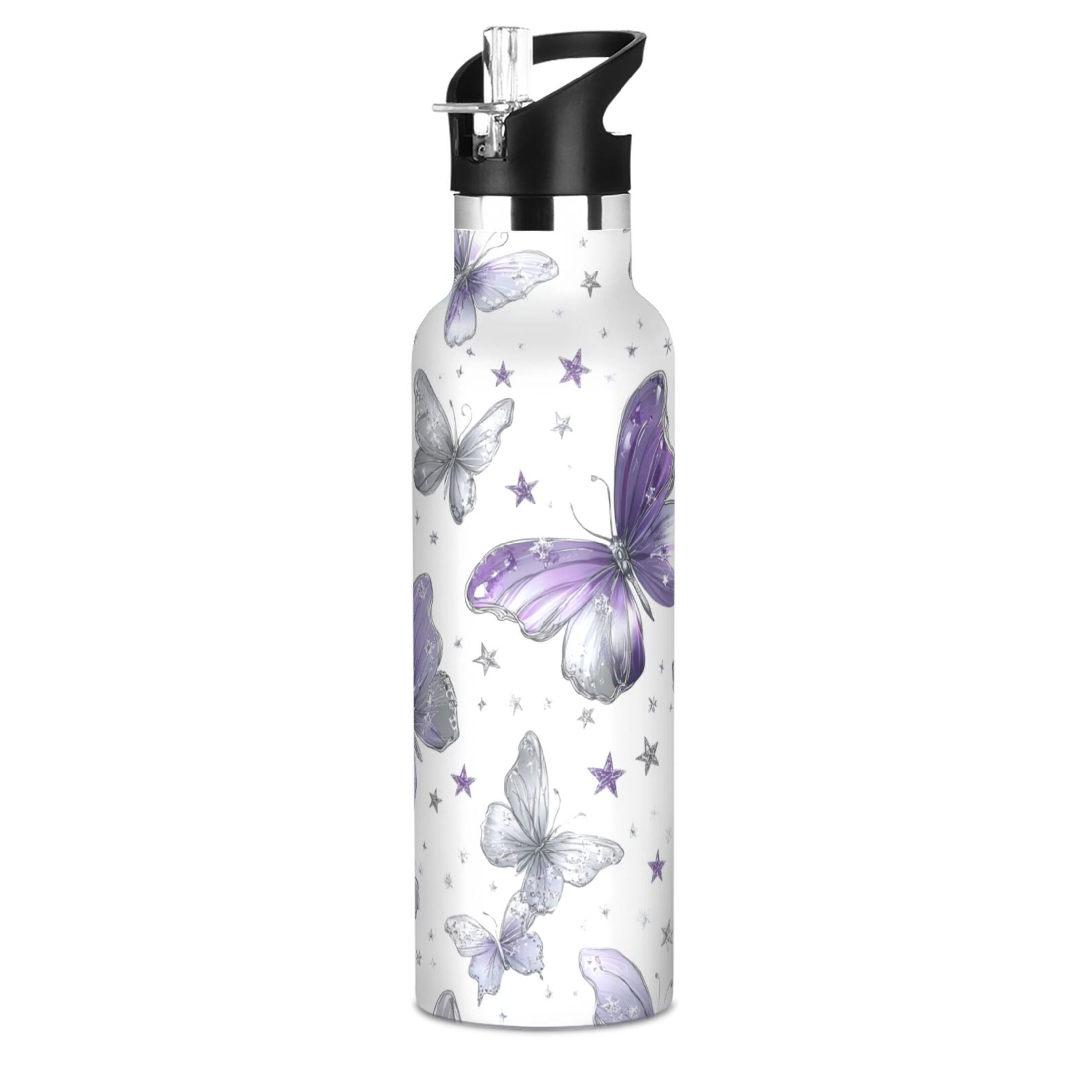 600ML Stainless Steel Insulated Cup Sports Water Bottle Portable Thermos Cup Water Glasses Insulated Tumblers Convenient and Durable Light Purple Butterfly