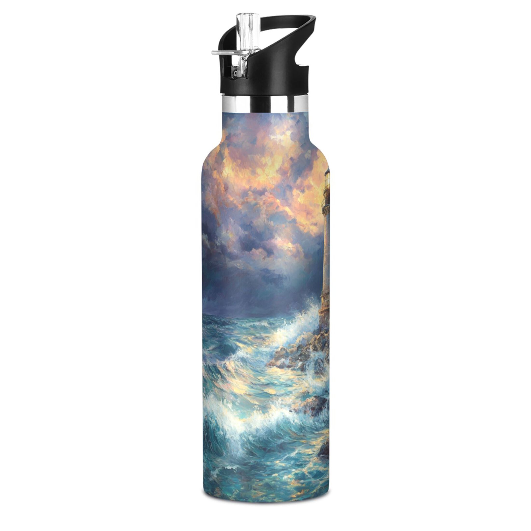 600ML Stainless Steel Insulated Cup Sports Water Bottle Portable Thermos Cup Water Glasses Insulated Tumblers Convenient and Durable Lighthouse at Sea