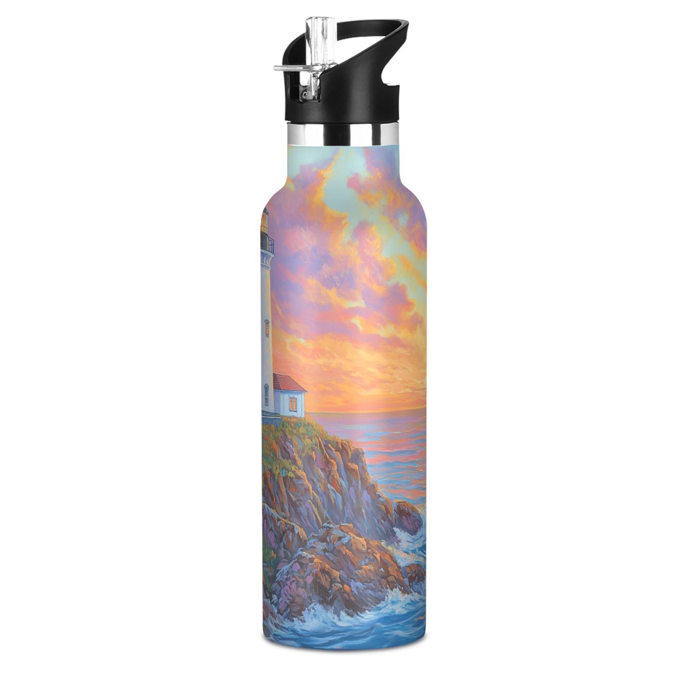 600ML Stainless Steel Insulated Cup Sports Water Bottle Portable Thermos Cup Water Glasses Insulated Tumblers Convenient and Durable Lighthouse by The Sea