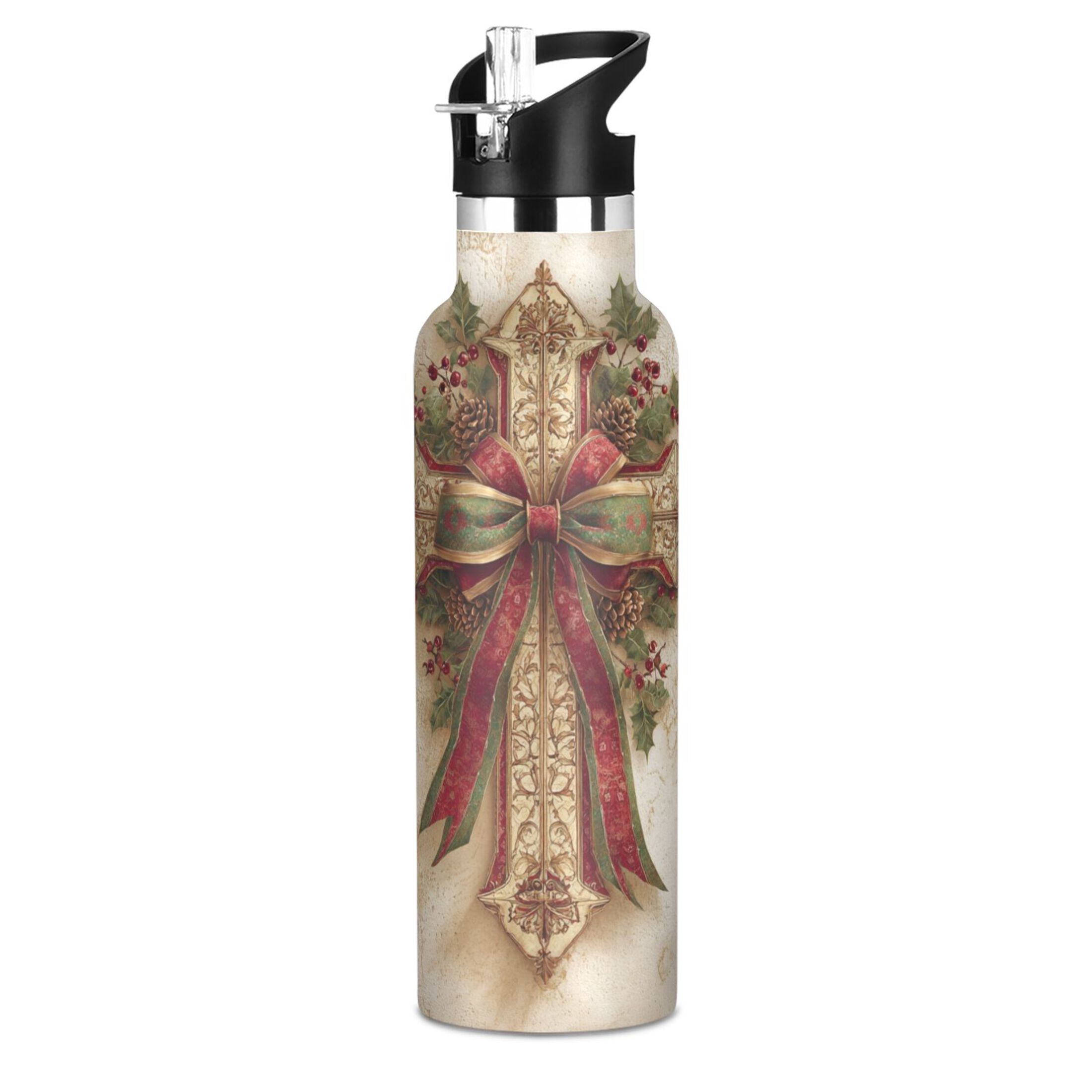 600ML Stainless Steel Insulated Cup Sports Water Bottle Portable Thermos Cup Water Glasses Insulated Tumblers Convenient and Durable Lovely Christmas Cross