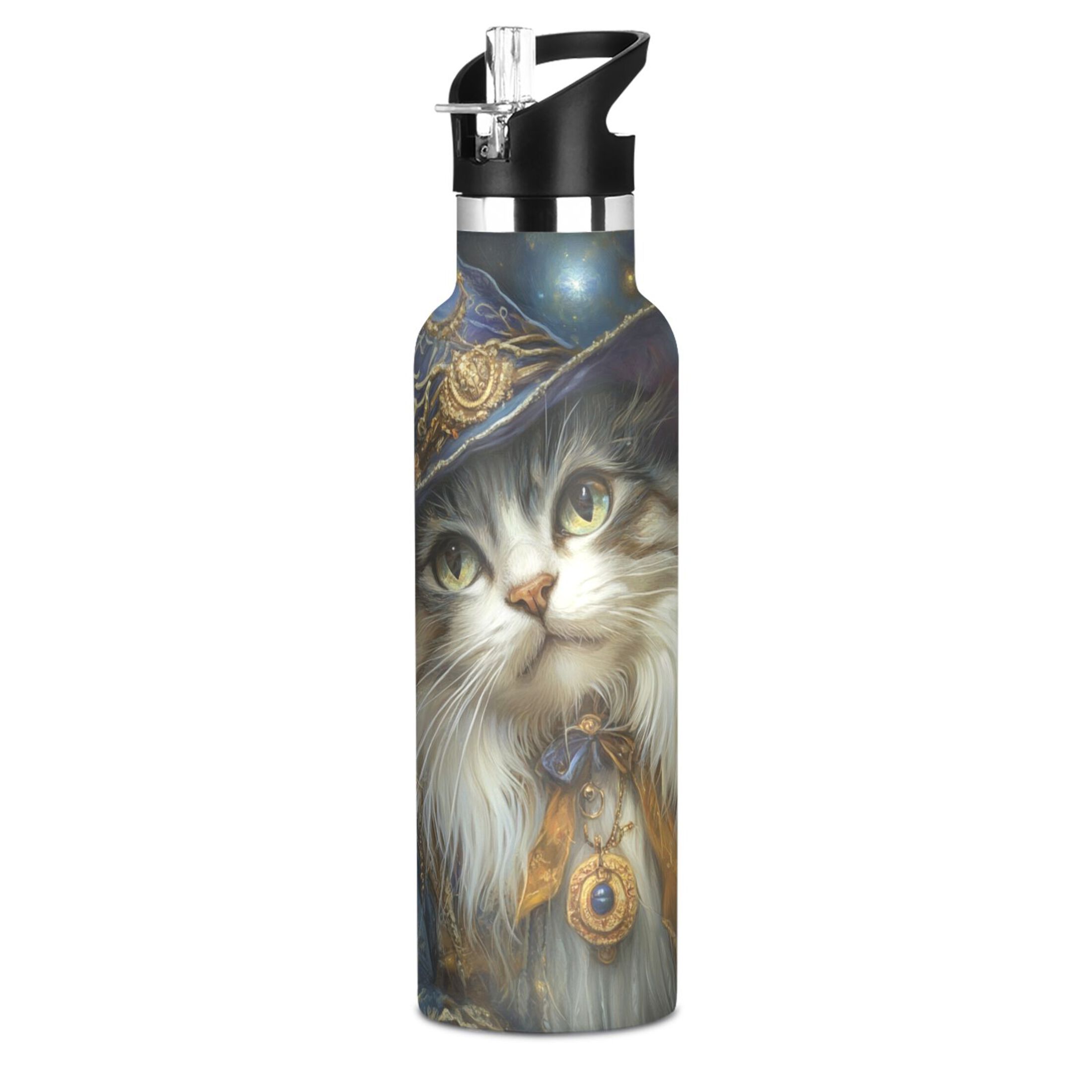 600ML Stainless Steel Insulated Cup Sports Water Bottle Portable Thermos Cup Water Glasses Insulated Tumblers Convenient and Durable Magical Cartoon Cat