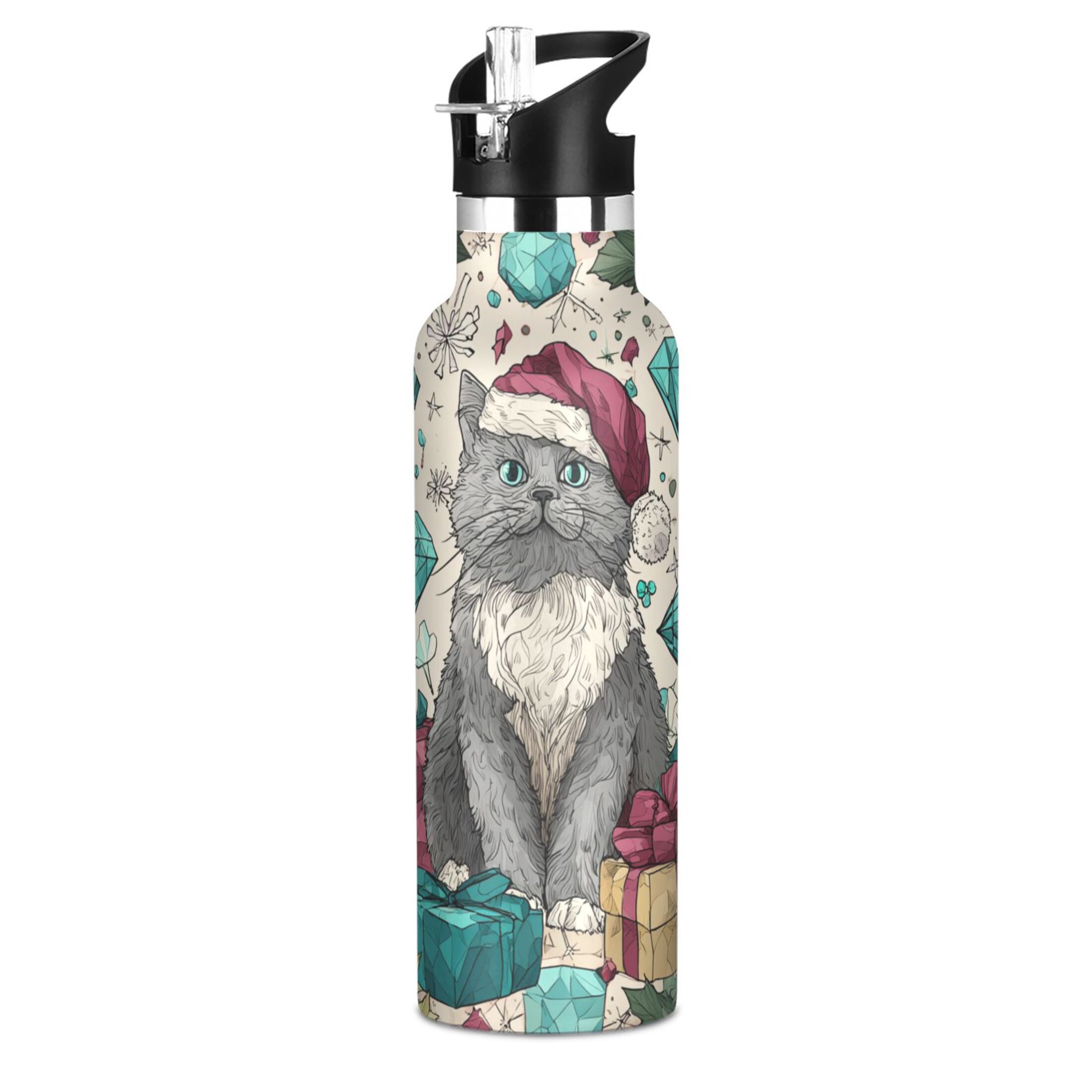 600ML Stainless Steel Insulated Cup Sports Water Bottle Portable Thermos Cup Water Glasses Insulated Tumblers Convenient and Durable Magical Christmas Beautiful Cat