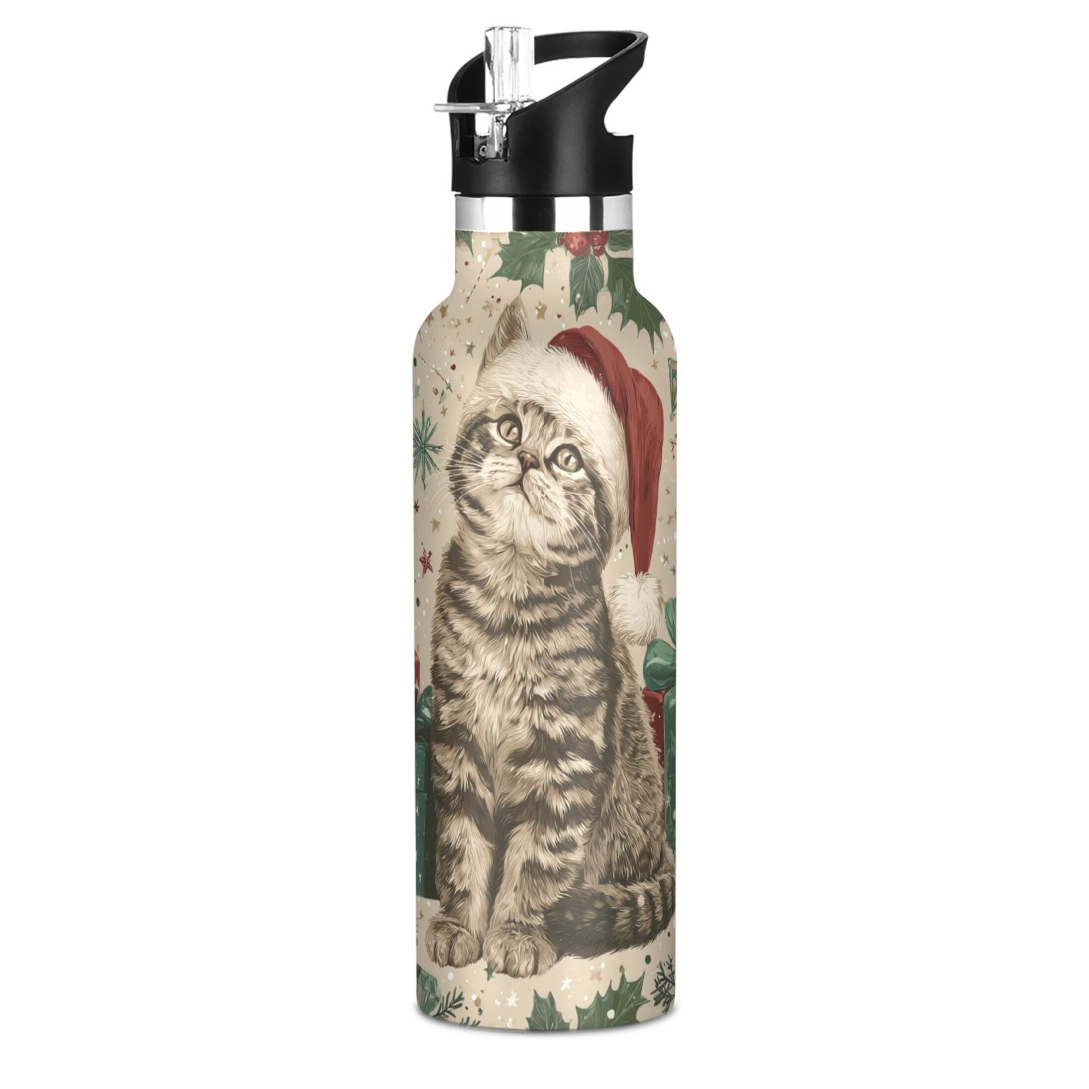 600ML Stainless Steel Insulated Cup Sports Water Bottle Portable Thermos Cup Water Glasses Insulated Tumblers Convenient and Durable Magical Christmas Black Cat