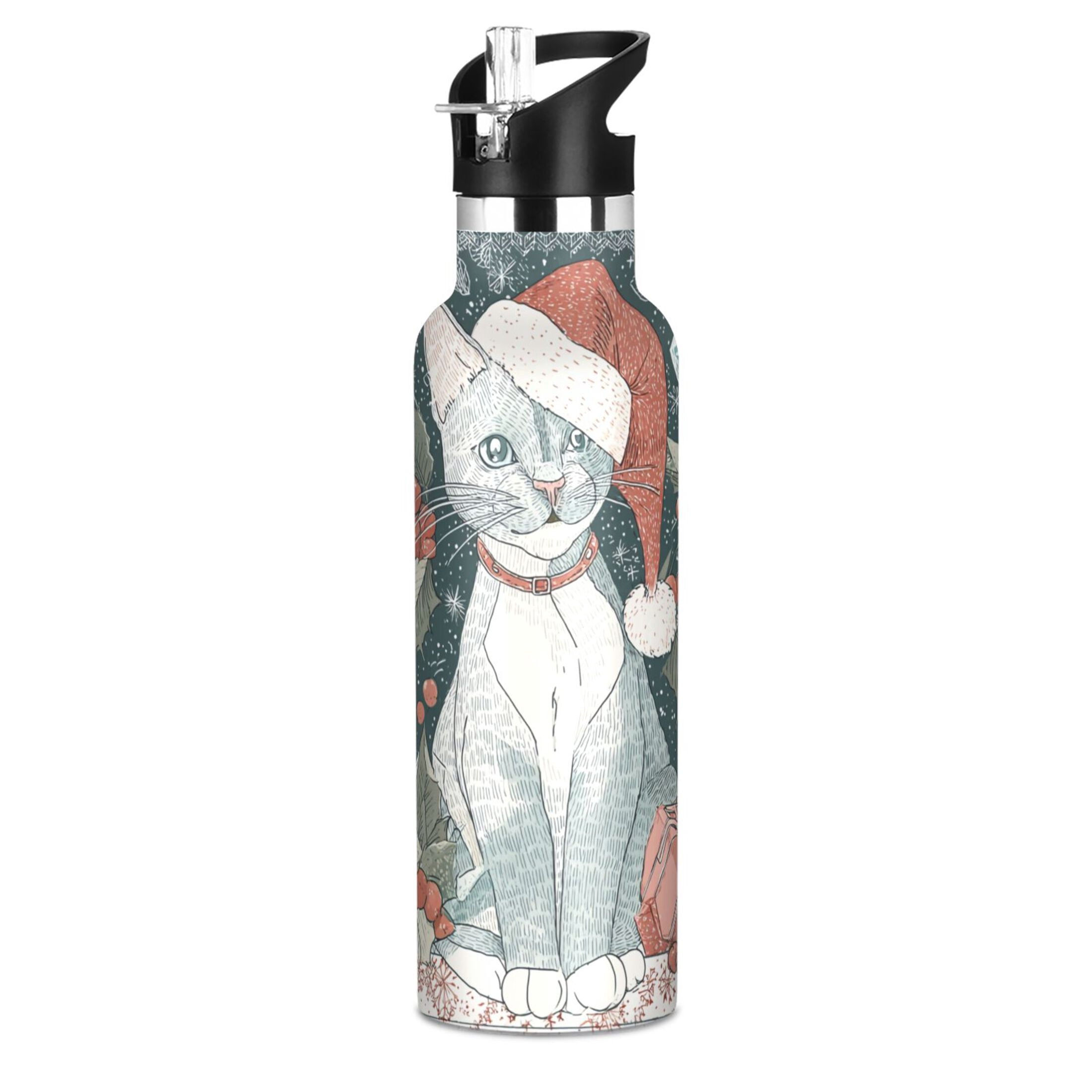 600ML Stainless Steel Insulated Cup Sports Water Bottle Portable Thermos Cup Water Glasses Insulated Tumblers Convenient and Durable Magical Christmas Blue Cat