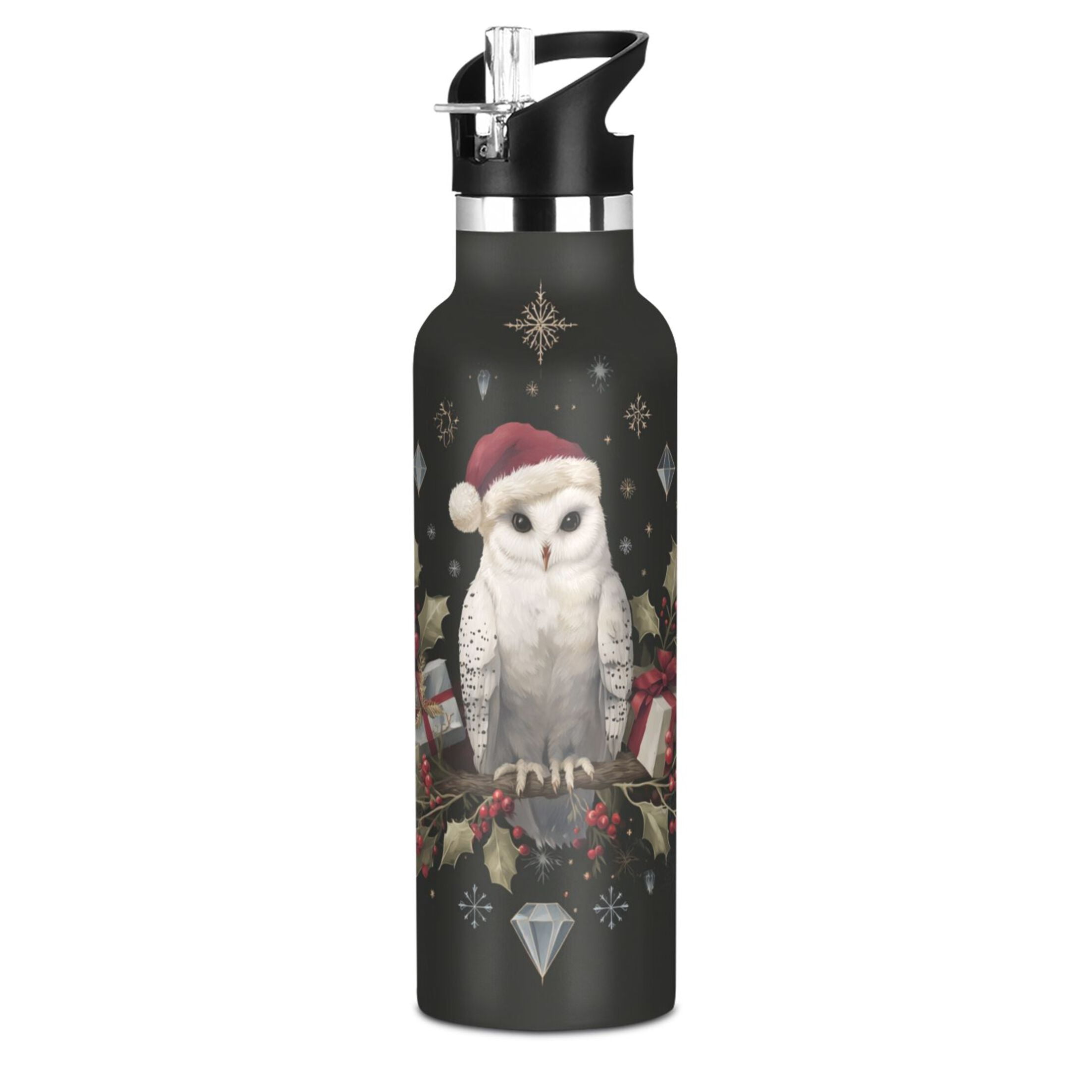 600ML Stainless Steel Insulated Cup Sports Water Bottle Portable Thermos Cup Water Glasses Insulated Tumblers Convenient and Durable Magical Christmas Black Owl