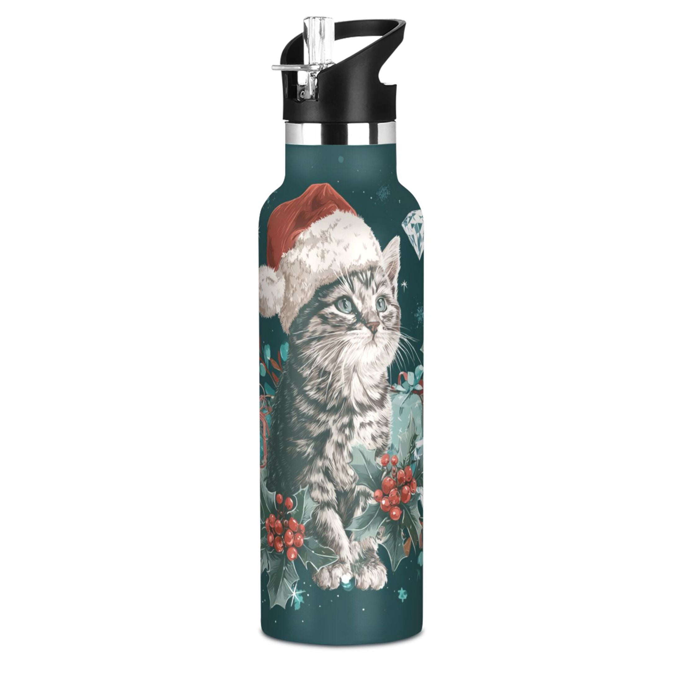 600ML Stainless Steel Insulated Cup Sports Water Bottle Portable Thermos Cup Water Glasses Insulated Tumblers Convenient and Durable Magical Christmas Cat