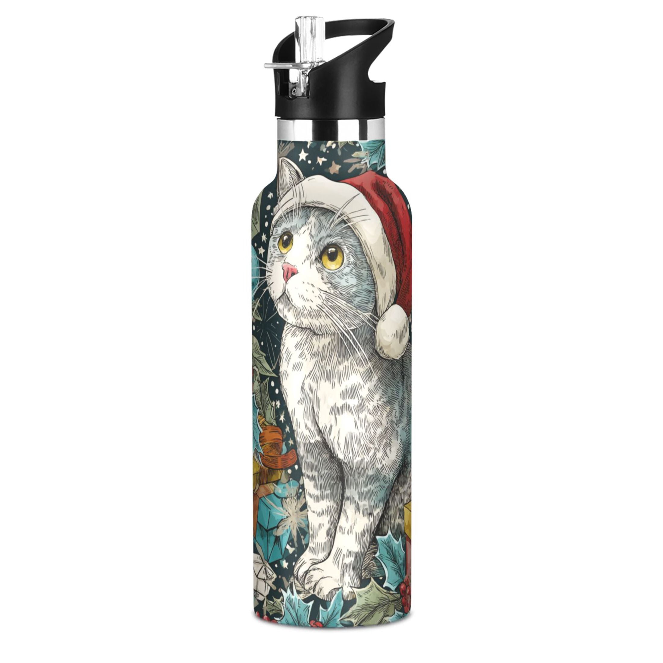 600ML Stainless Steel Insulated Cup Sports Water Bottle Portable Thermos Cup Water Glasses Insulated Tumblers Convenient and Durable Magical Christmas Cartoon Cat