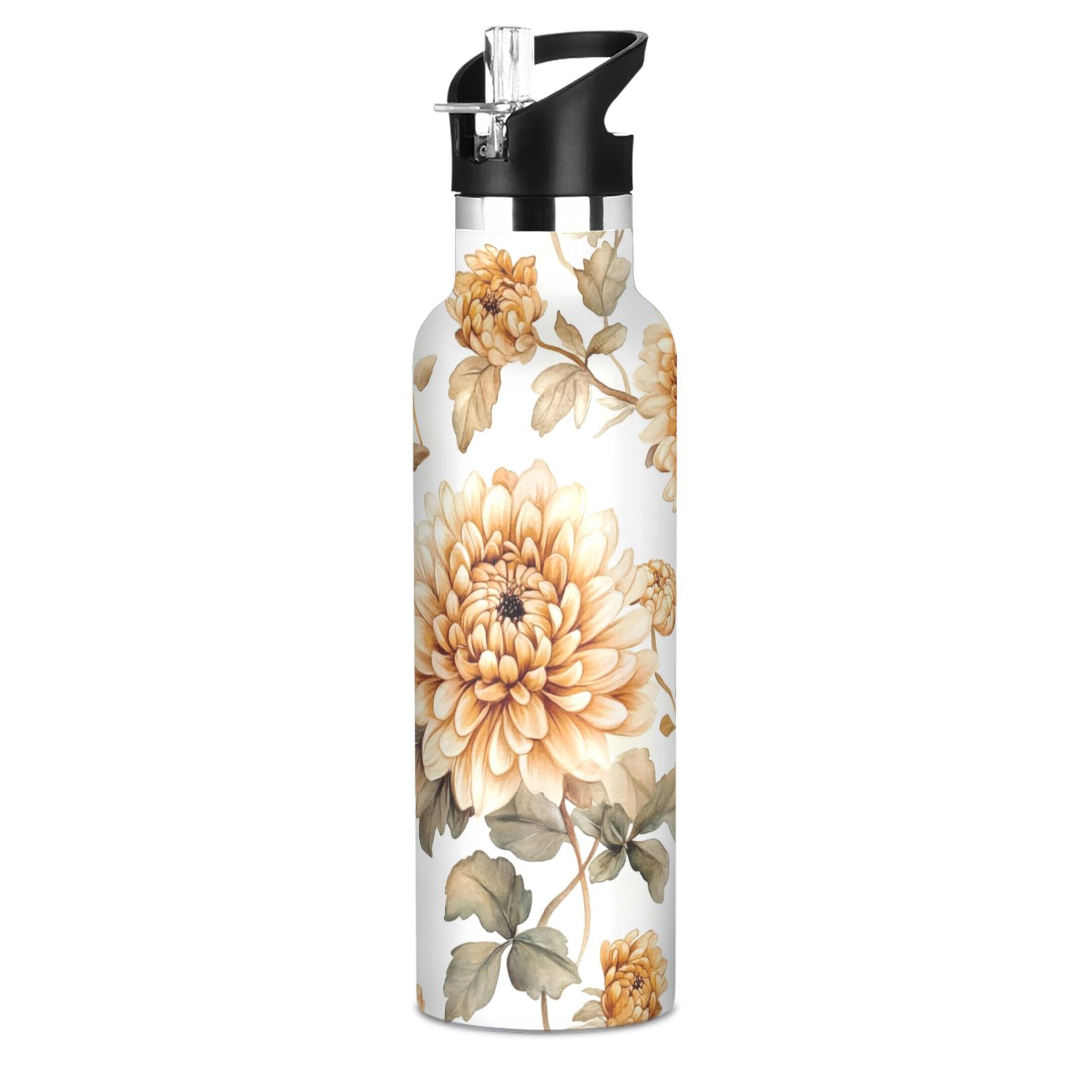600ML Stainless Steel Insulated Cup Sports Water Bottle Portable Thermos Cup Water Glasses Insulated Tumblers Convenient and Durable Maroon Chrysanthemums