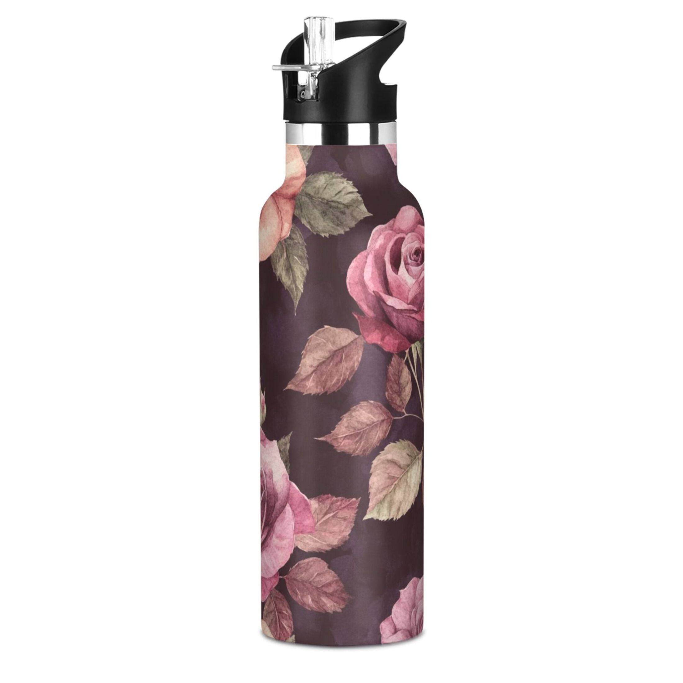 600ML Stainless Steel Insulated Cup Sports Water Bottle Portable Thermos Cup Water Glasses Insulated Tumblers Convenient and Durable Maroon Roses Seamless
