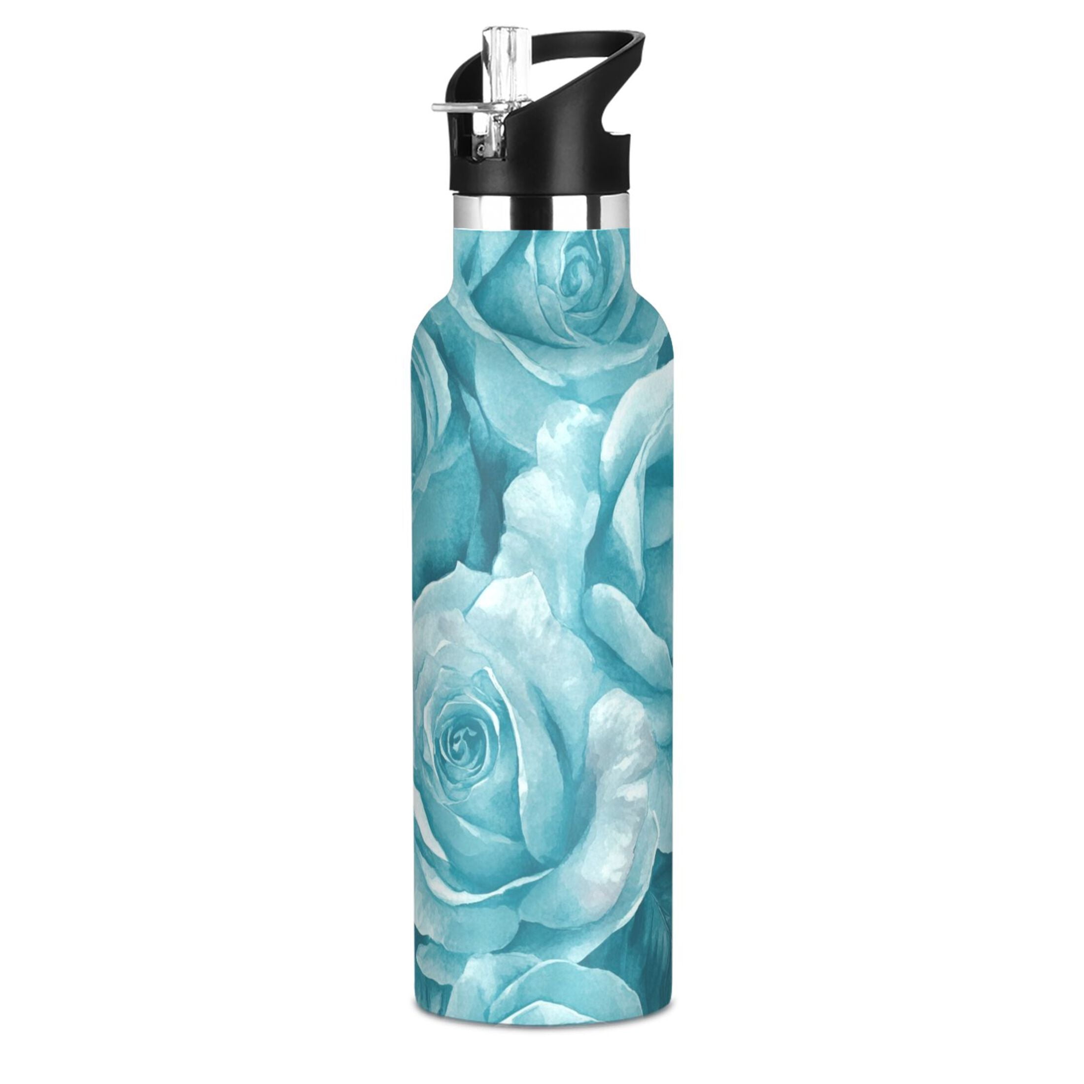 600ML Stainless Steel Insulated Cup Sports Water Bottle Portable Thermos Cup Water Glasses Insulated Tumblers Convenient and Durable Navy Roses Seamless