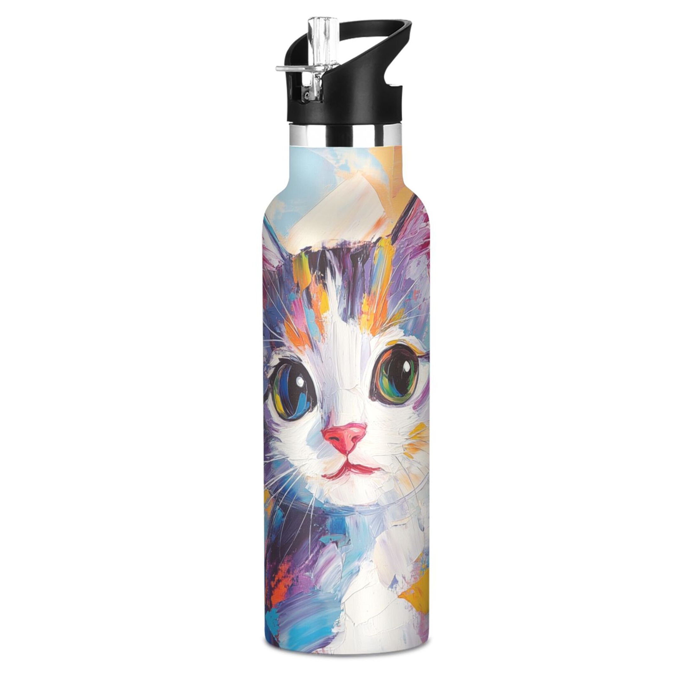 600ML Stainless Steel Insulated Cup Sports Water Bottle Portable Thermos Cup Water Glasses Insulated Tumblers Convenient and Durable Oil Painting Colorful Cat