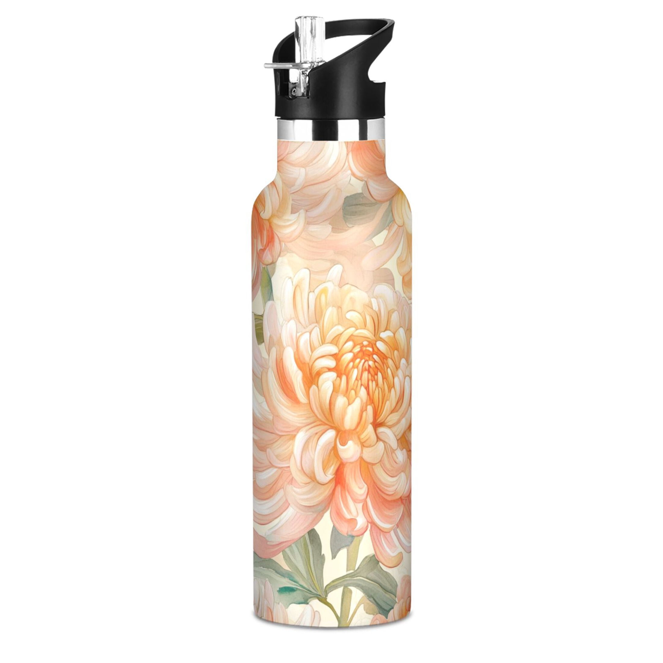 600ML Stainless Steel Insulated Cup Sports Water Bottle Portable Thermos Cup Water Glasses Insulated Tumblers Convenient and Durable Orange Chrysanthemums