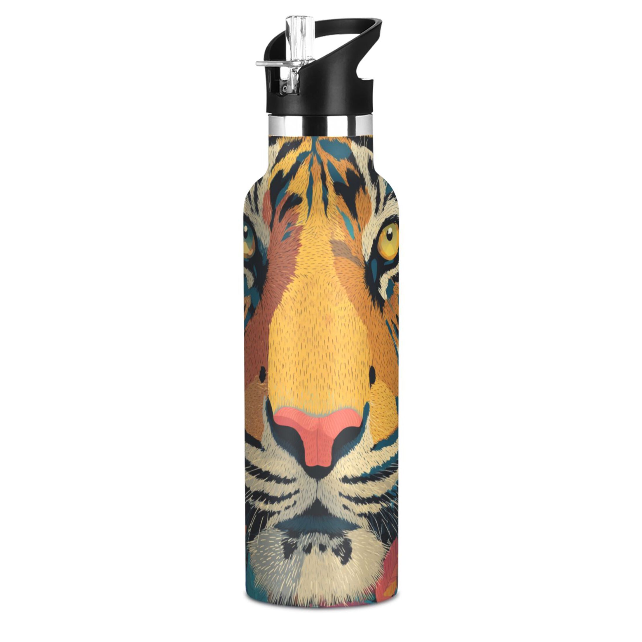 600ML Stainless Steel Insulated Cup Sports Water Bottle Portable Thermos Cup Water Glasses Insulated Tumblers Convenient and Durable Orange Tiger Cartoon
