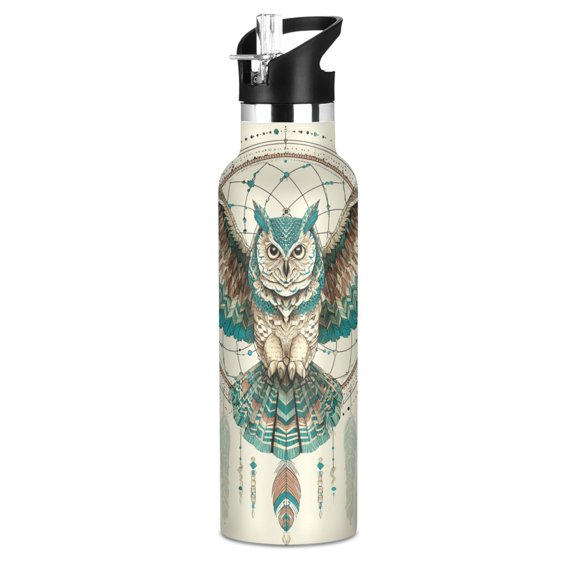 600ML Stainless Steel Insulated Cup Sports Water Bottle Portable Thermos Cup Water Glasses Insulated Tumblers Convenient and Durable Owl Wings Perched