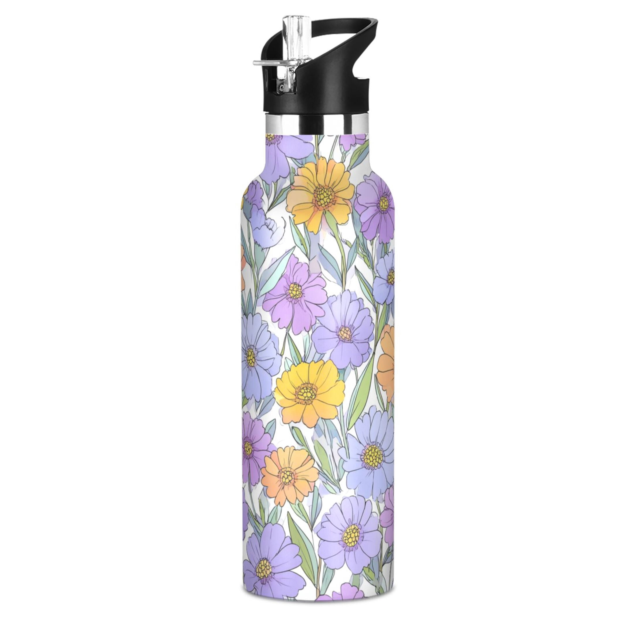 600ML Stainless Steel Insulated Cup Sports Water Bottle Portable Thermos Cup Water Glasses Insulated Tumblers Convenient and Durable Pale Purple Flowers