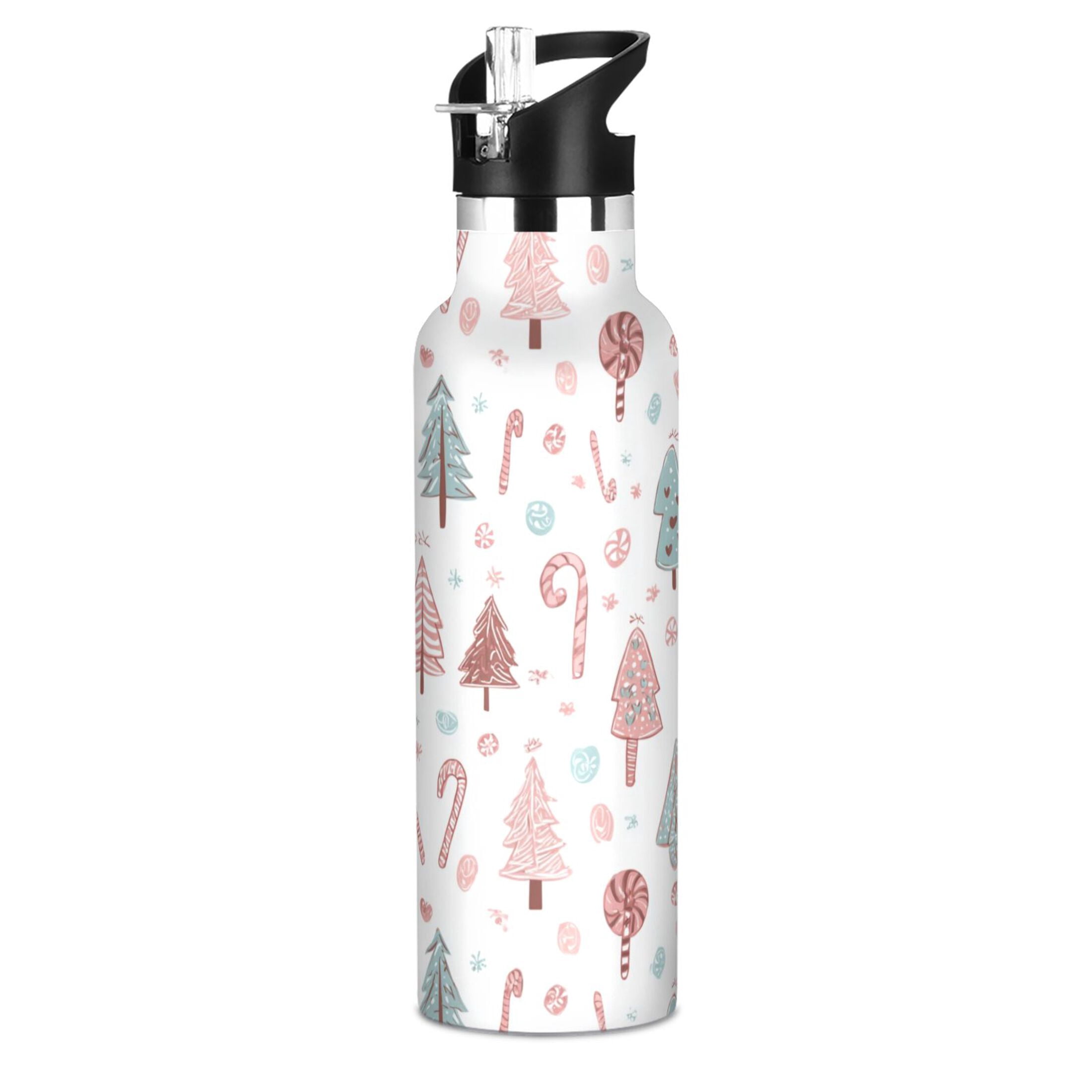 600ML Stainless Steel Insulated Cup Sports Water Bottle Portable Thermos Cup Water Glasses Insulated Tumblers Convenient and Durable Pink Christmas Tree Cute