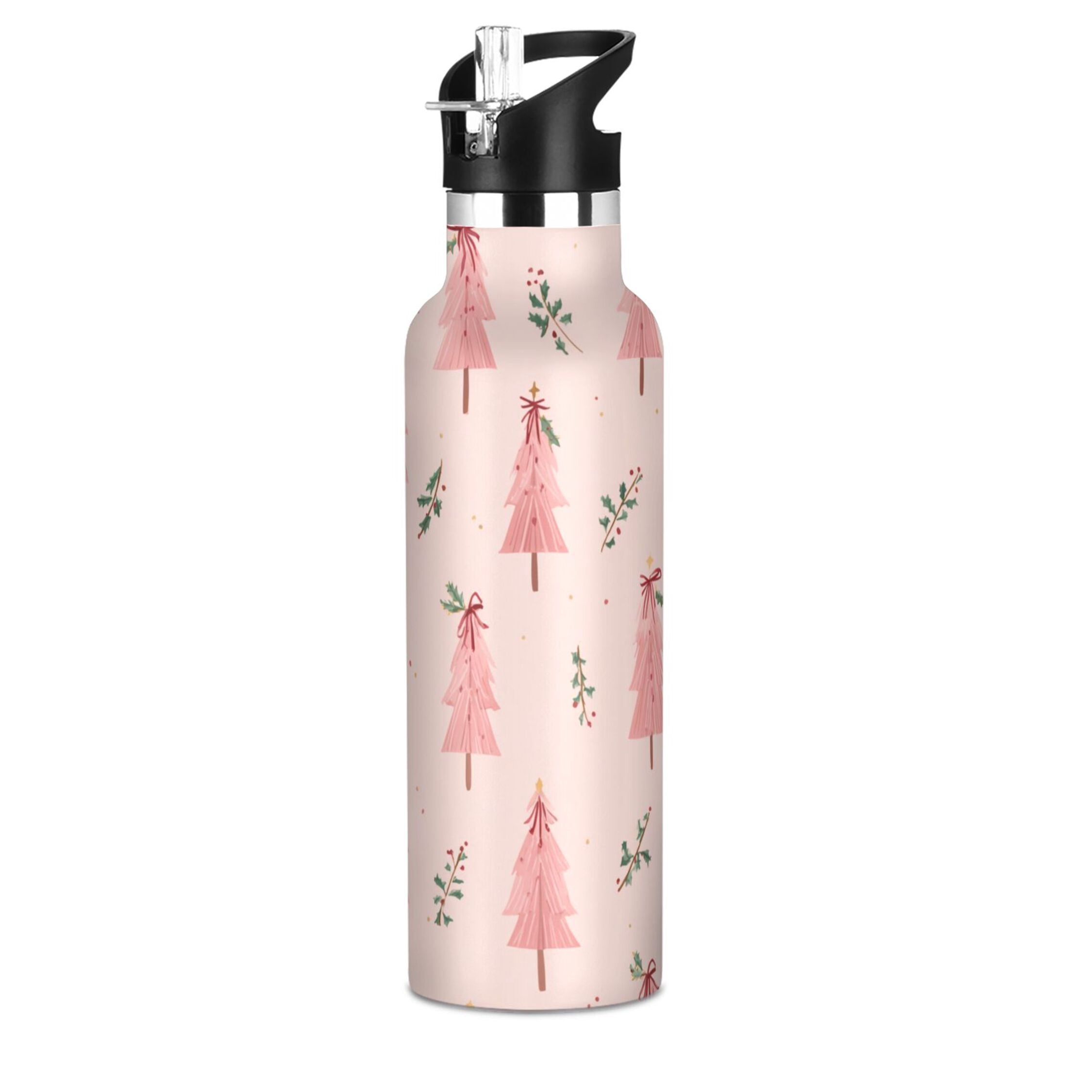 600ML Stainless Steel Insulated Cup Sports Water Bottle Portable Thermos Cup Water Glasses Insulated Tumblers Convenient and Durable Pink Christmas Tree