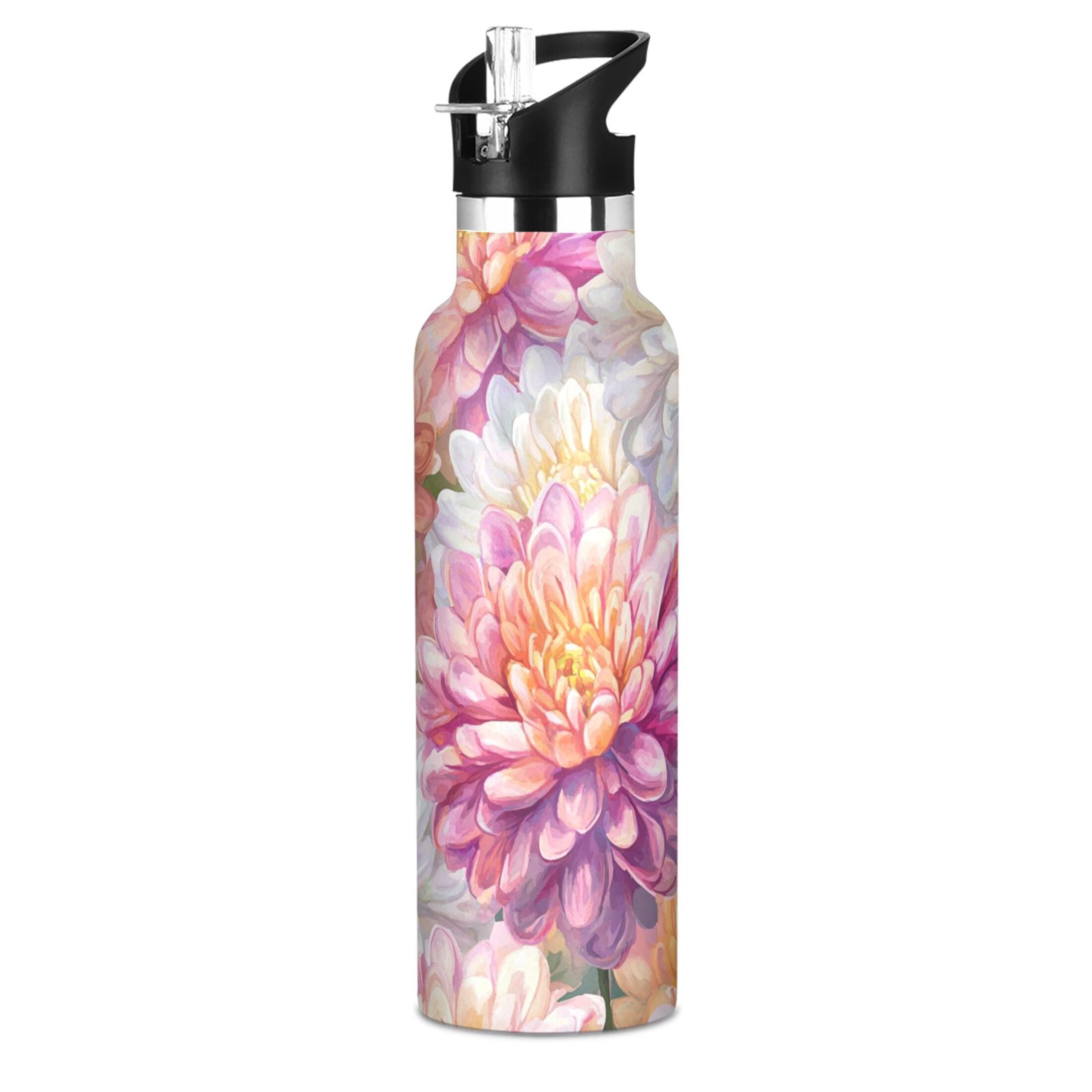 600ML Stainless Steel Insulated Cup Sports Water Bottle Portable Thermos Cup Water Glasses Insulated Tumblers Convenient and Durable Pink Chrysanthemum
