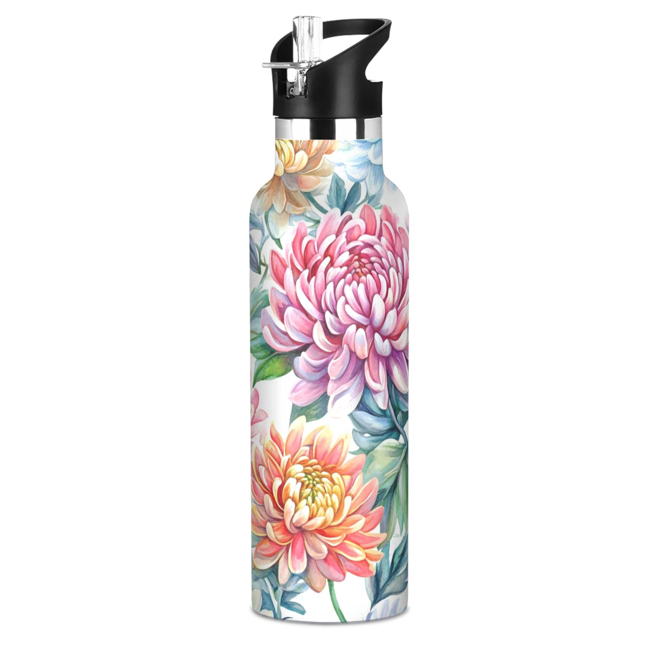 600ML Stainless Steel Insulated Cup Sports Water Bottle Portable Thermos Cup Water Glasses Insulated Tumblers Convenient and Durable Pink Chrysanthemums