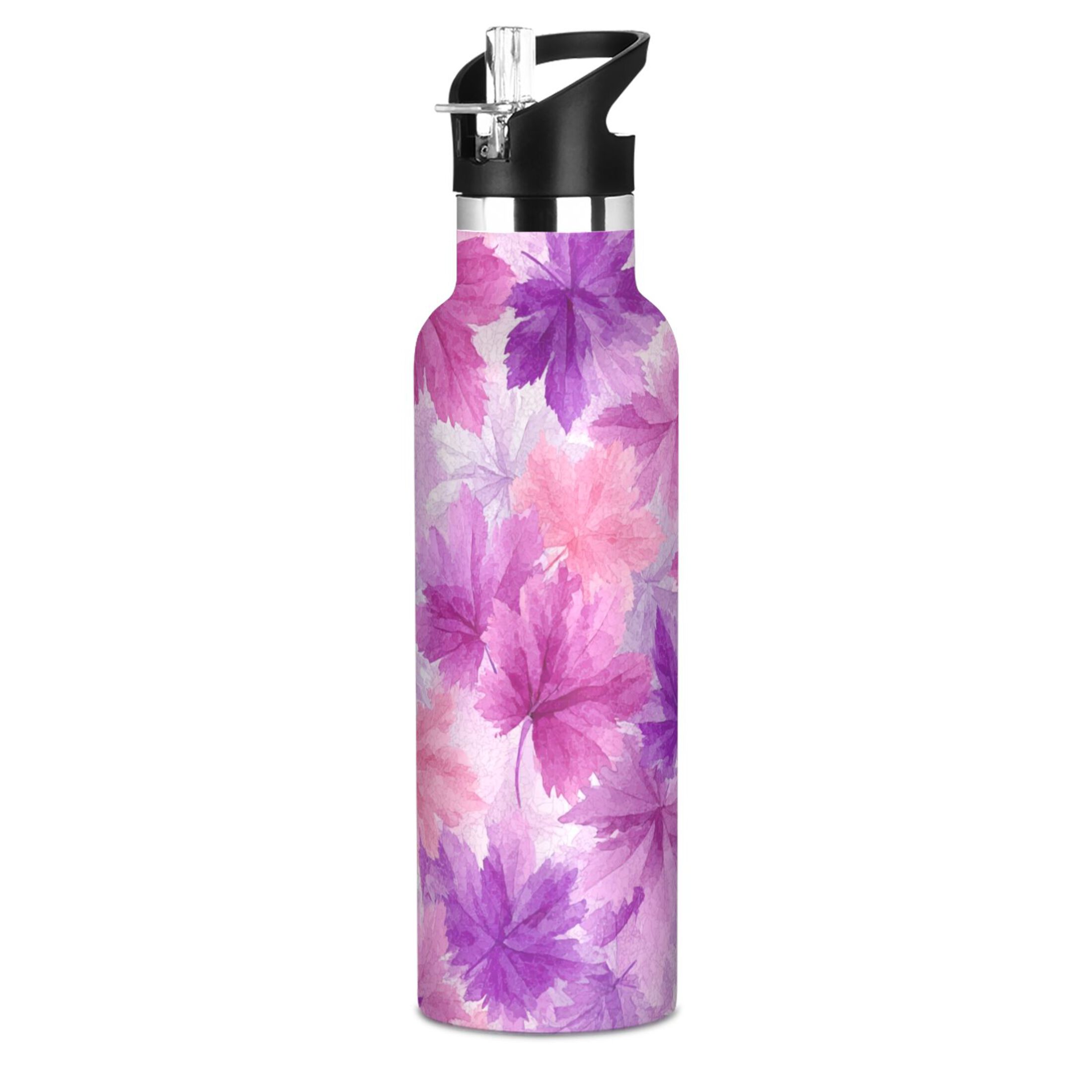 600ML Stainless Steel Insulated Cup Sports Water Bottle Portable Thermos Cup Water Glasses Insulated Tumblers Convenient and Durable Pink Maple Leaves