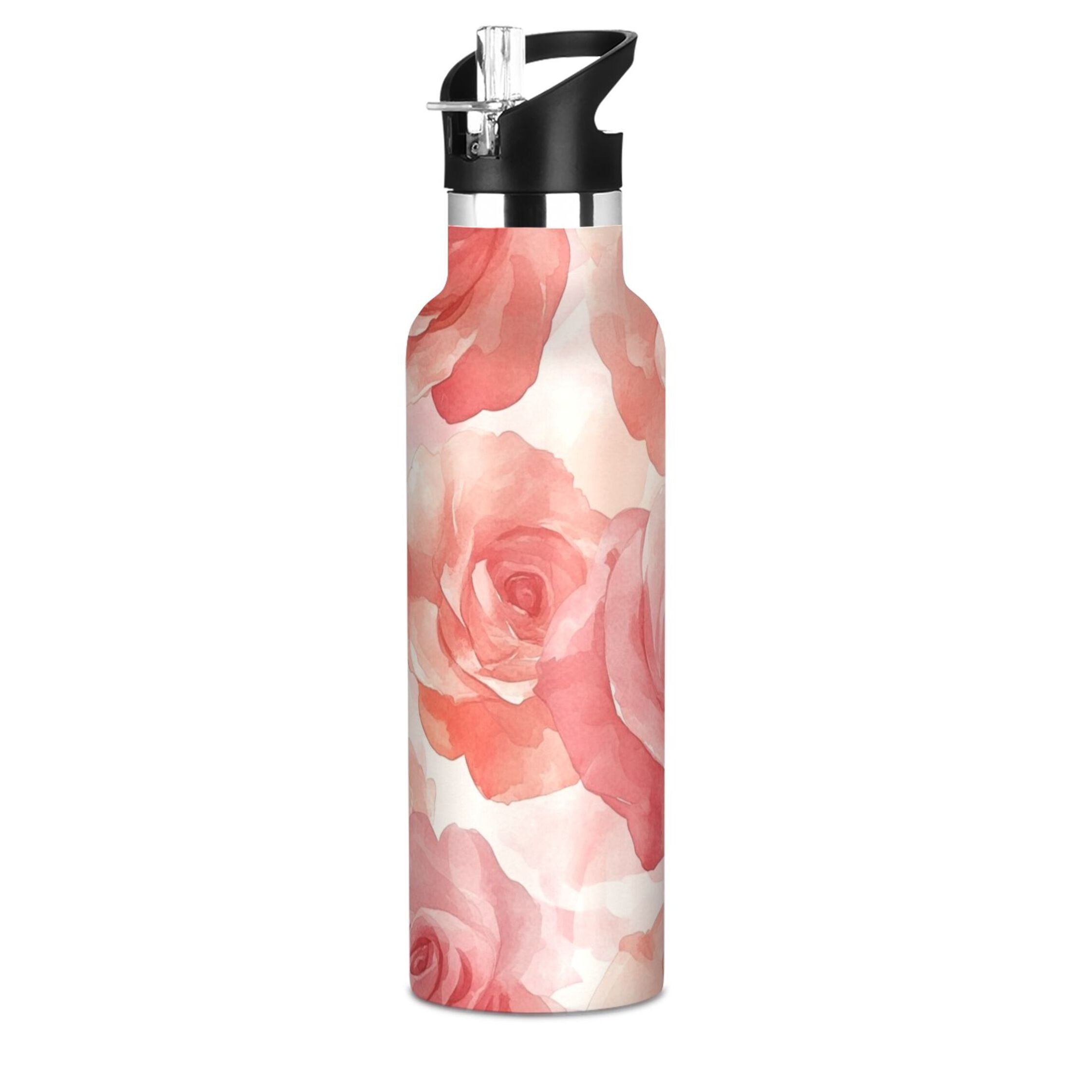 600ML Stainless Steel Insulated Cup Sports Water Bottle Portable Thermos Cup Water Glasses Insulated Tumblers Convenient and Durable Pink Roses Seamless