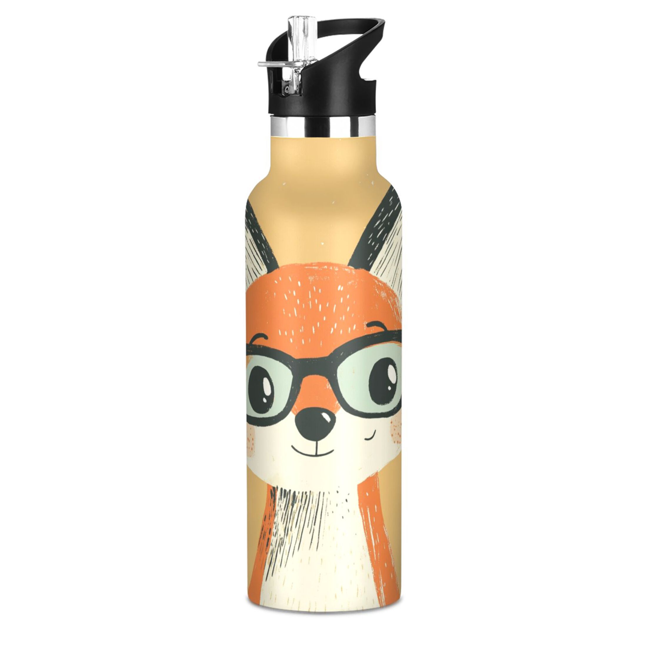 600ML Stainless Steel Insulated Cup Sports Water Bottle Portable Thermos Cup Water Glasses Insulated Tumblers Convenient and Durable Pretty Cartoon Fox