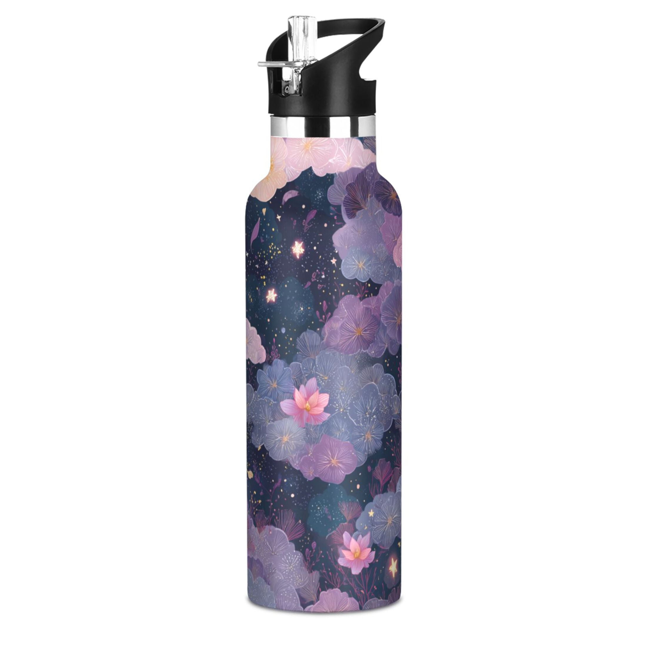 600ML Stainless Steel Insulated Cup Sports Water Bottle Portable Thermos Cup Water Glasses Insulated Tumblers Convenient and Durable Purple Beautiful Flowers