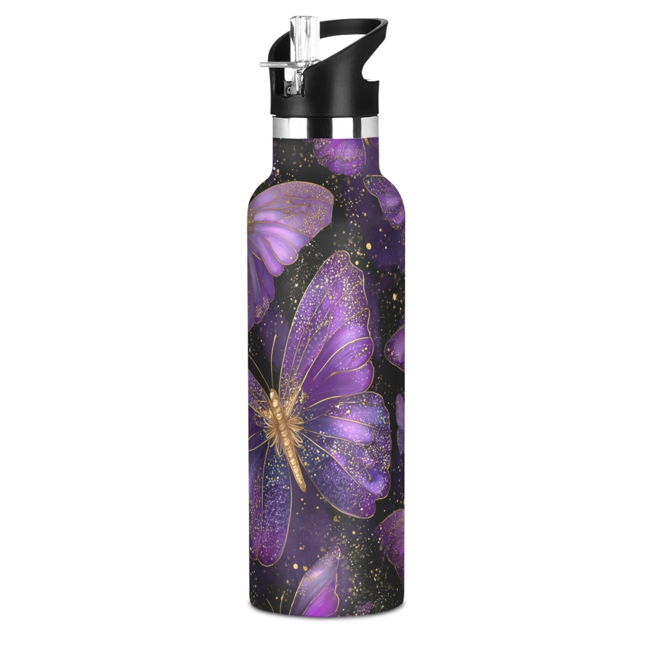600ML Stainless Steel Insulated Cup Sports Water Bottle Portable Thermos Cup Water Glasses Insulated Tumblers Convenient and Durable Purple Butterflies