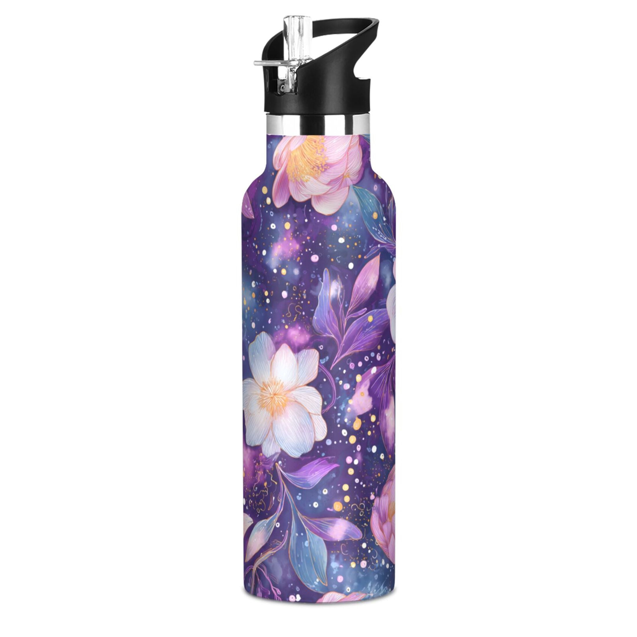 600ML Stainless Steel Insulated Cup Sports Water Bottle Portable Thermos Cup Water Glasses Insulated Tumblers Convenient and Durable Purple Cartoon Flowers