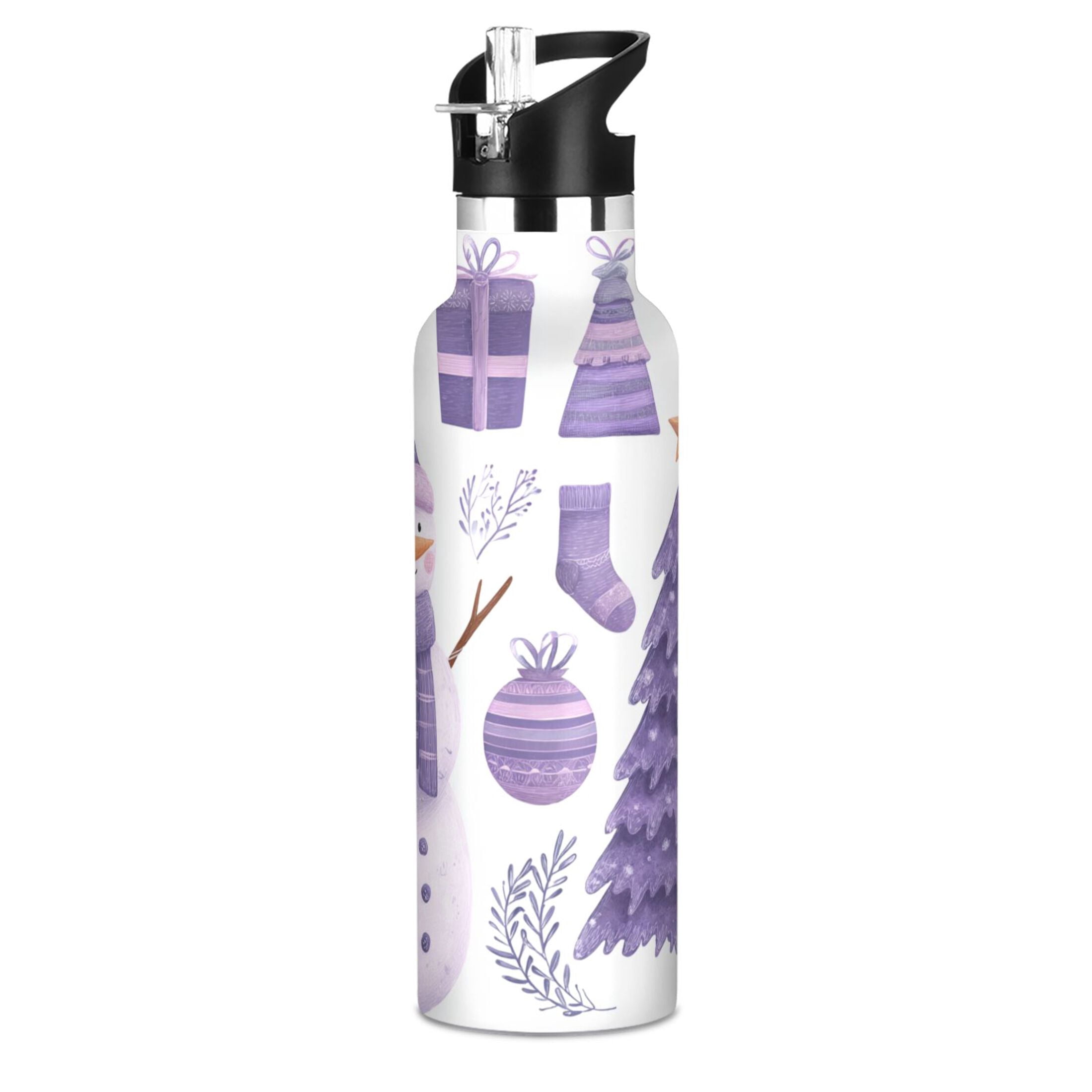 600ML Stainless Steel Insulated Cup Sports Water Bottle Portable Thermos Cup Water Glasses Insulated Tumblers Convenient and Durable Purple Christmas Snowman