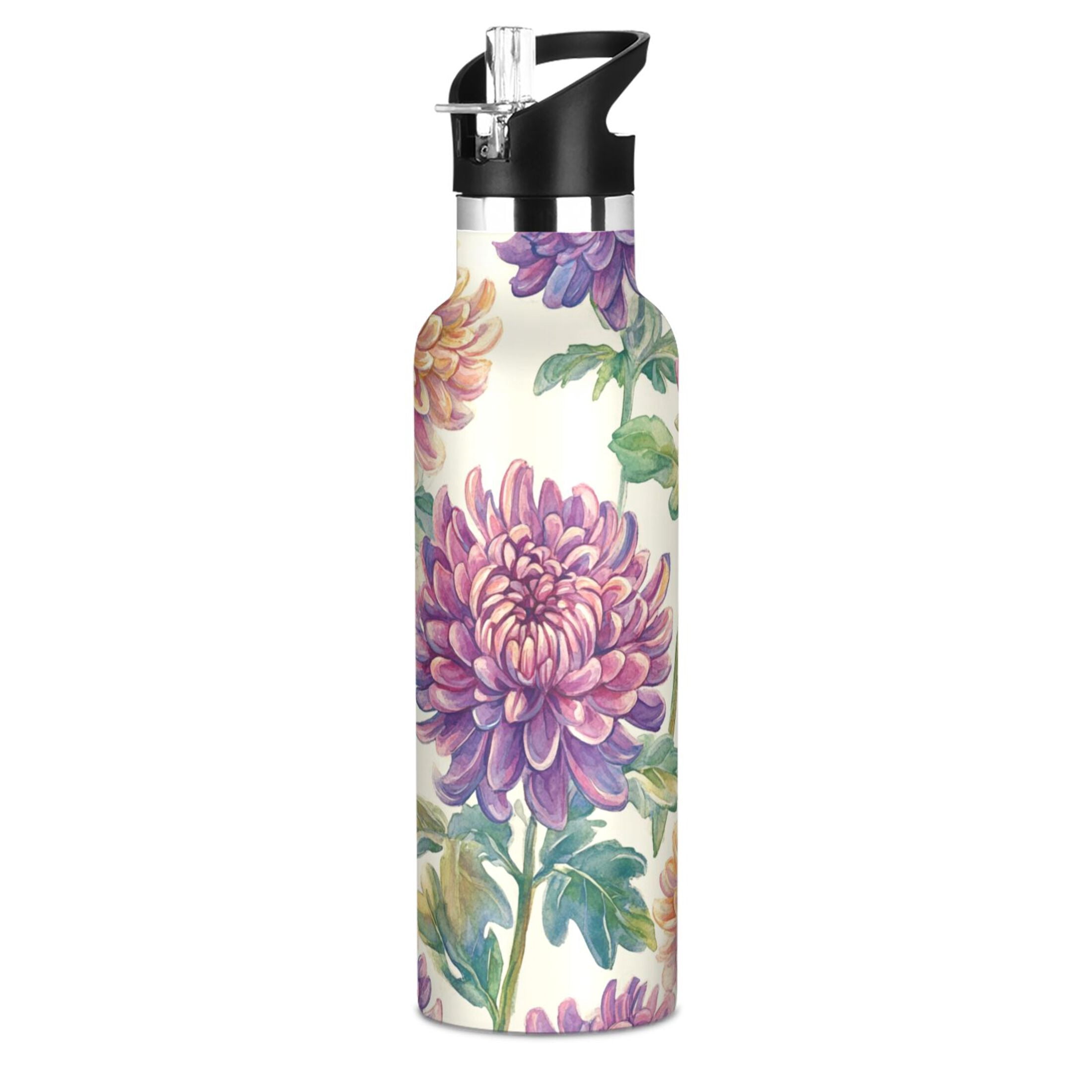 600ML Stainless Steel Insulated Cup Sports Water Bottle Portable Thermos Cup Water Glasses Insulated Tumblers Convenient and Durable Purple Chrysanthemums